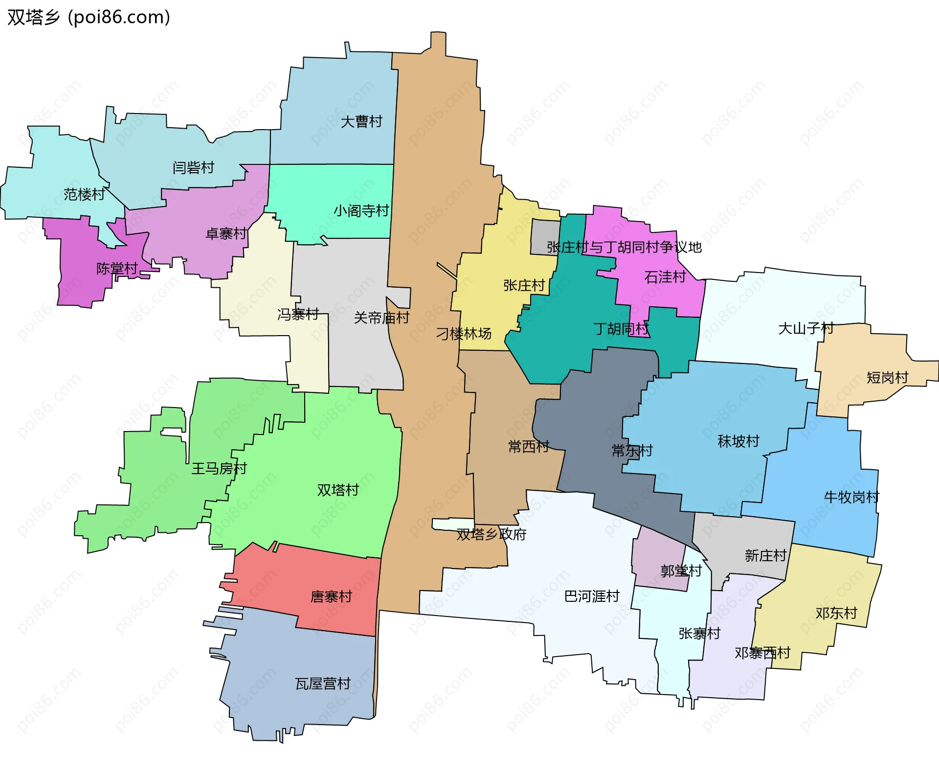 双塔乡边界地图(五级行政区划)