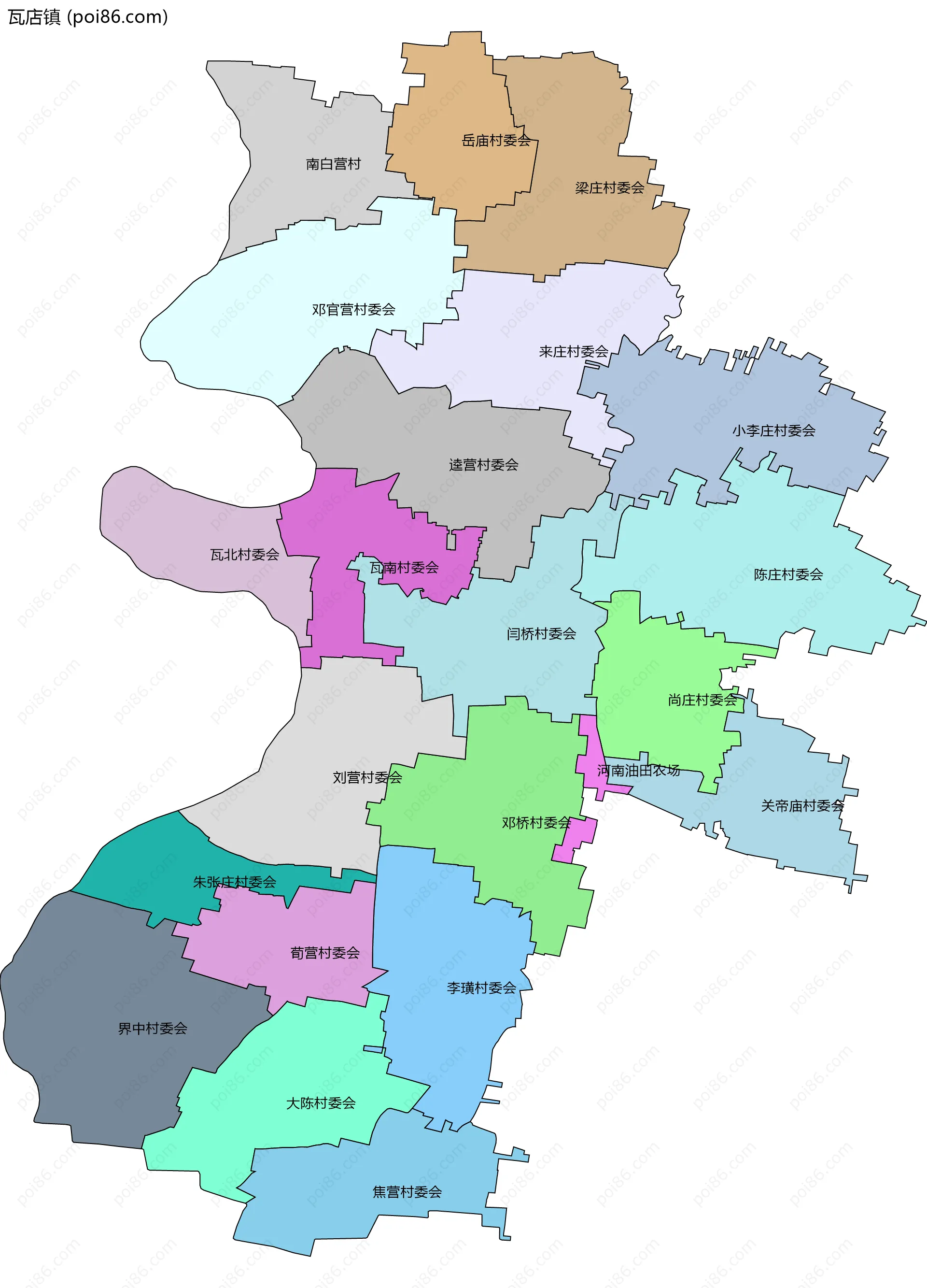 瓦店镇边界地图(五级行政区划)