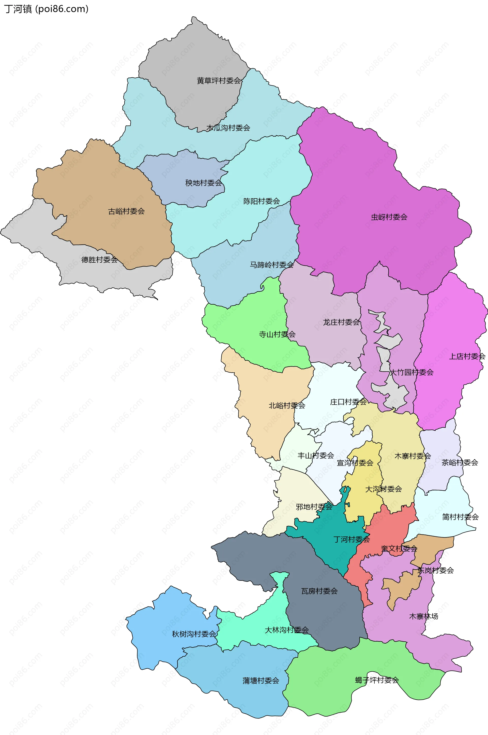 丁河镇边界地图(五级行政区划)