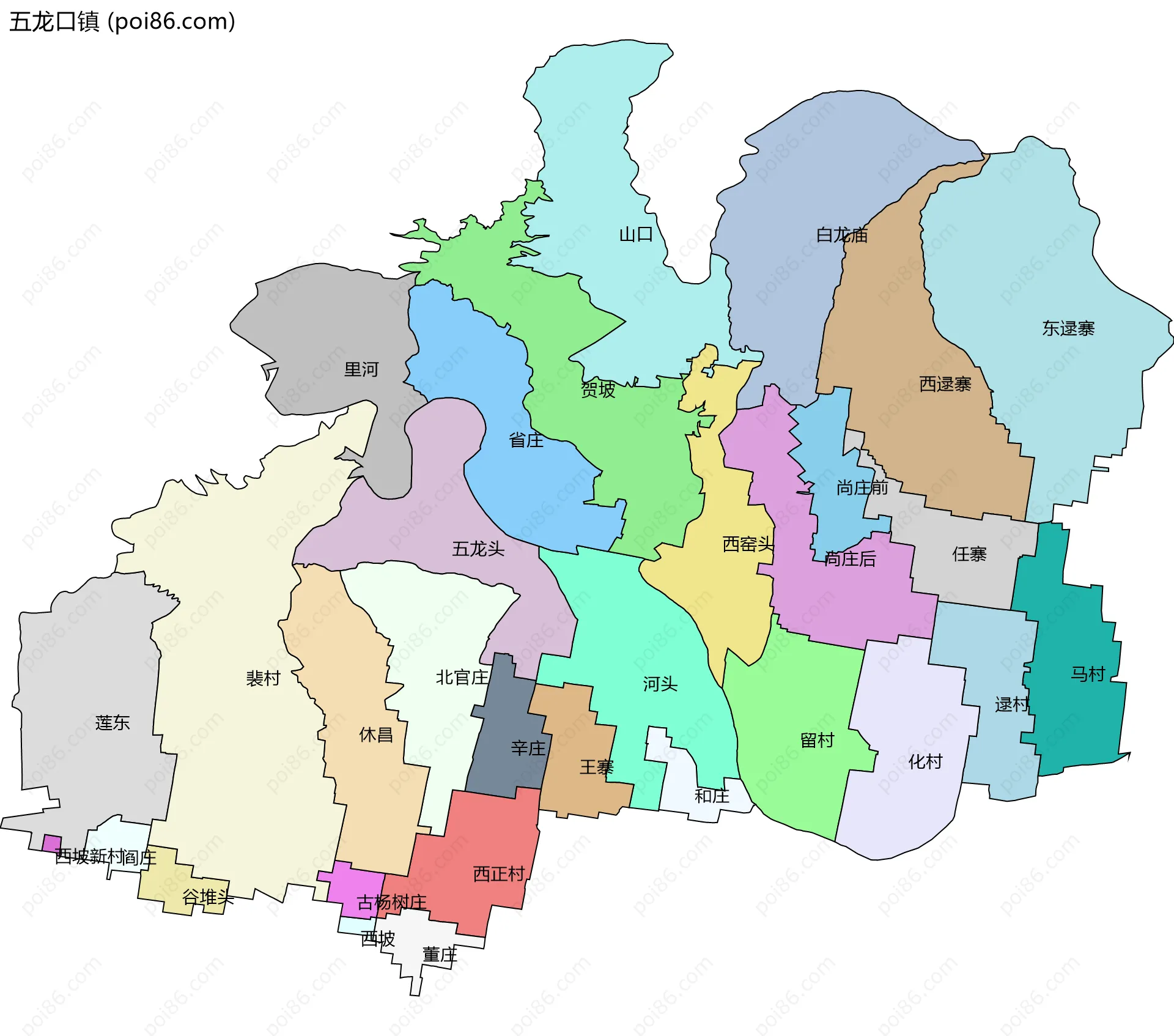 五龙口镇边界地图(五级行政区划)
