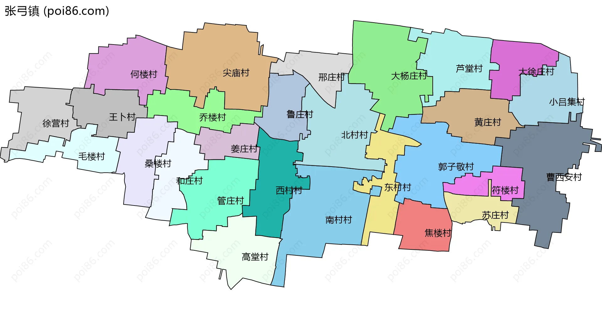 张弓镇边界地图(五级行政区划)