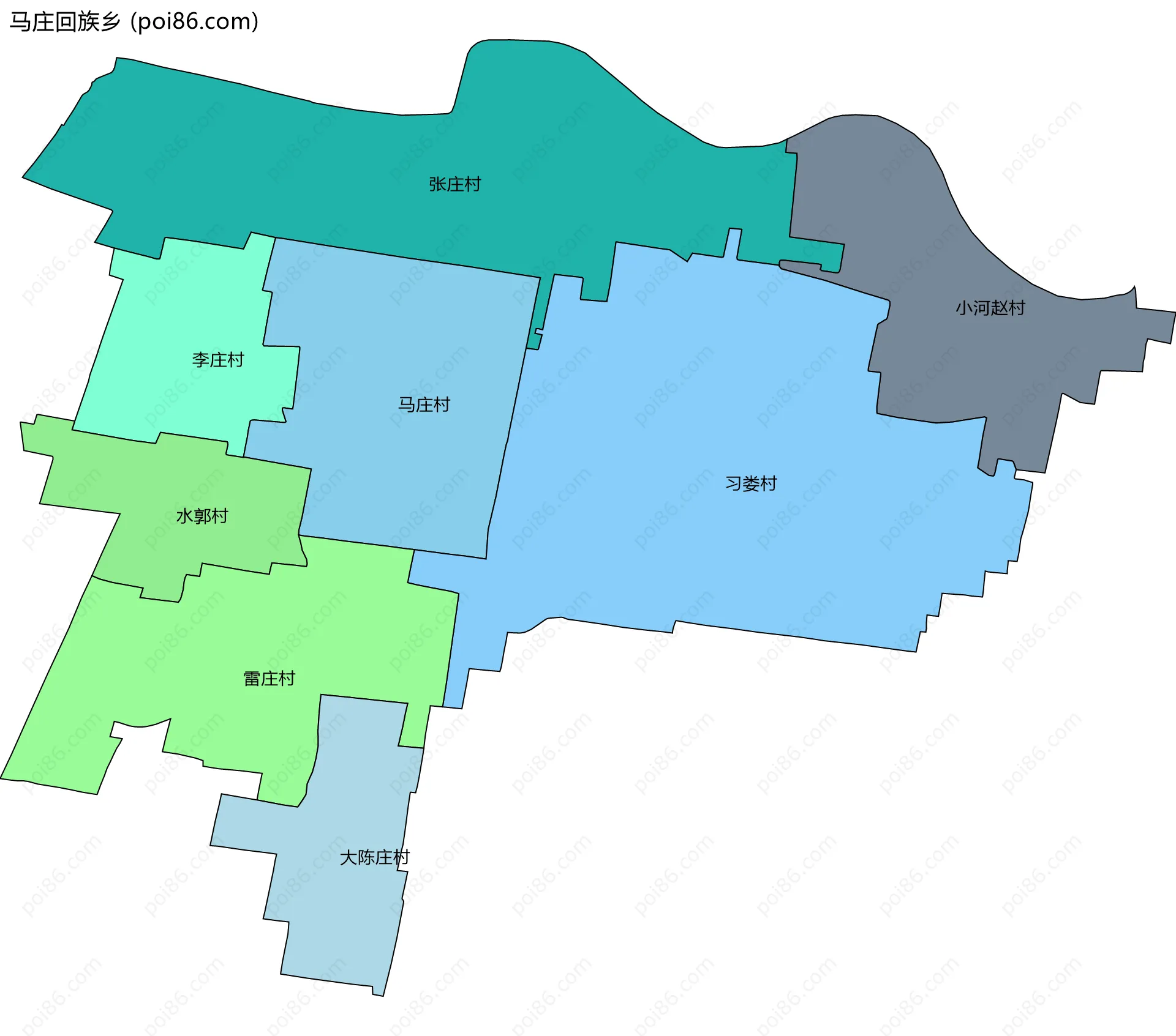 马庄回族乡边界地图(五级行政区划)