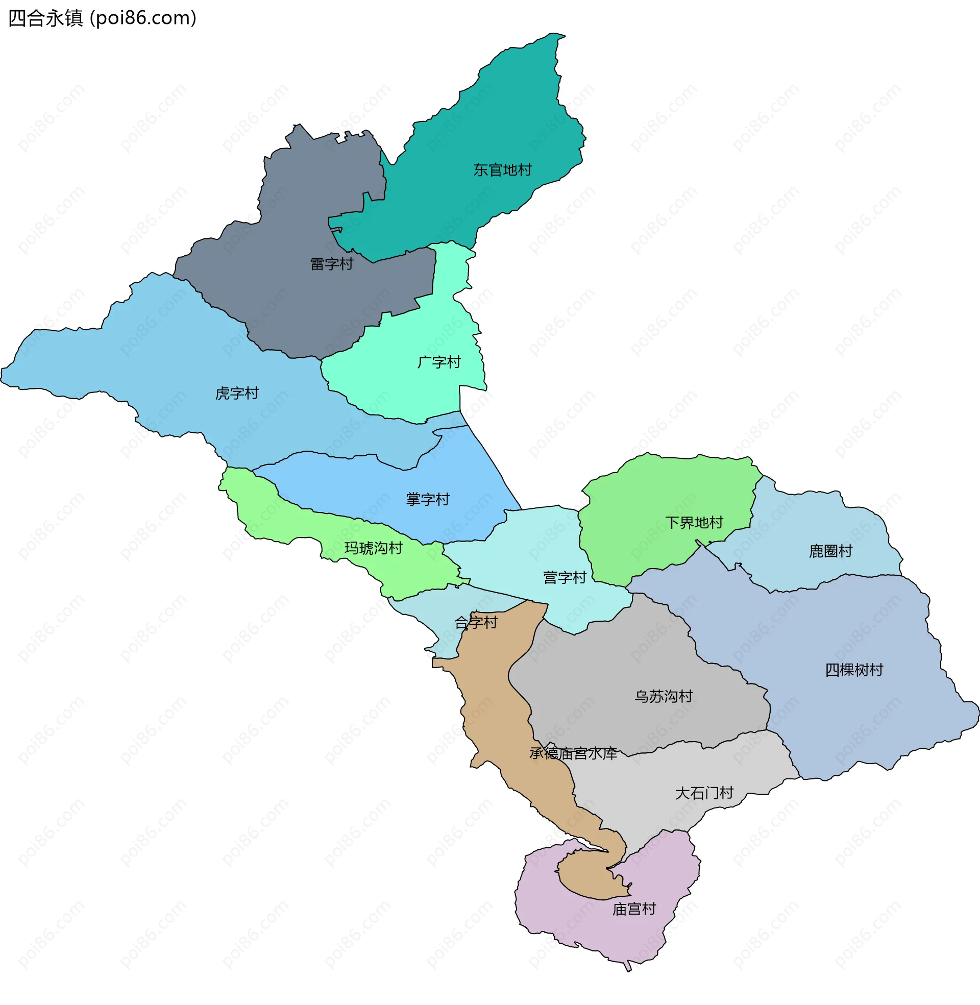 四合永镇边界地图(五级行政区划)