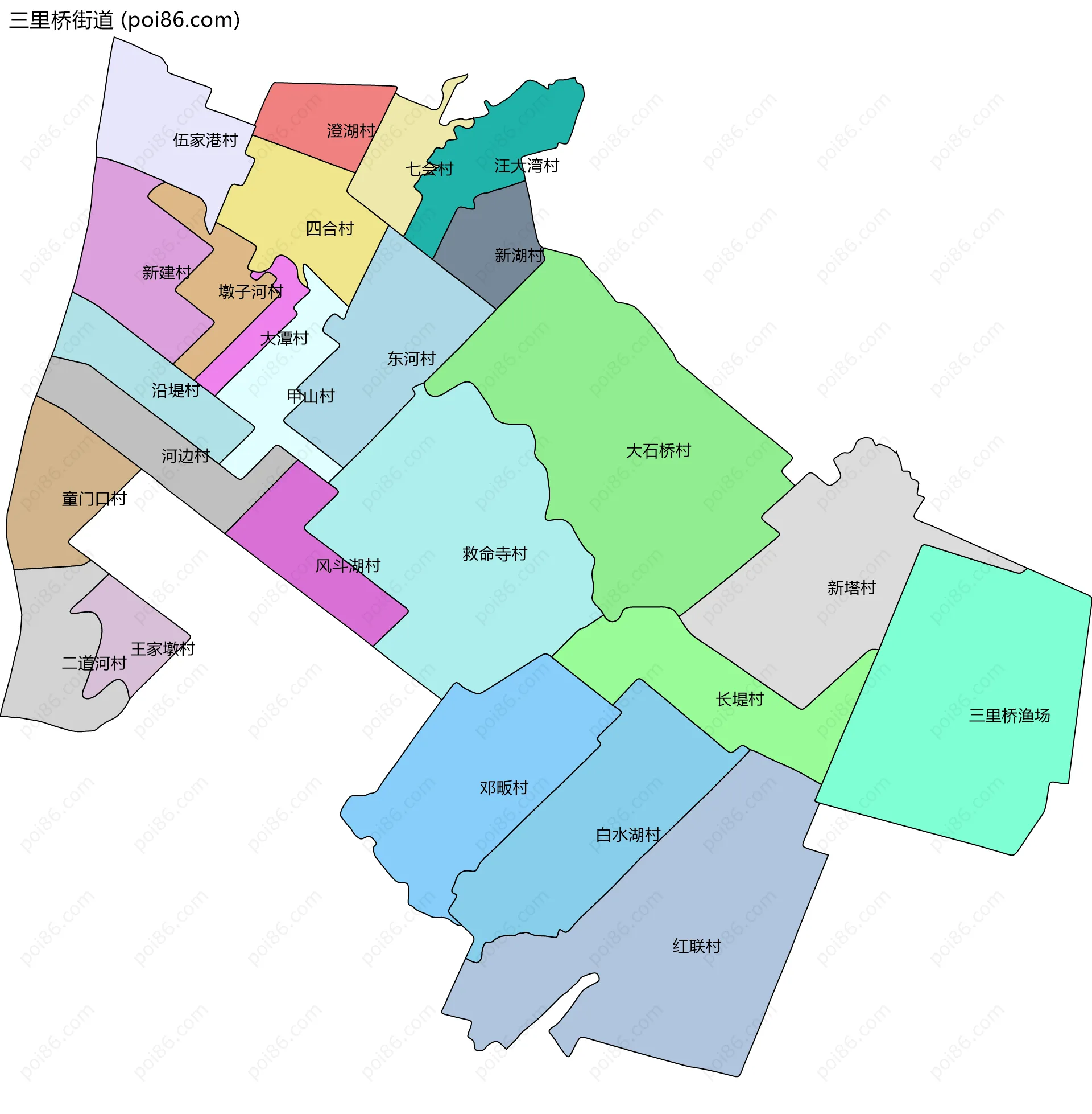 三里桥街道边界地图(五级行政区划)