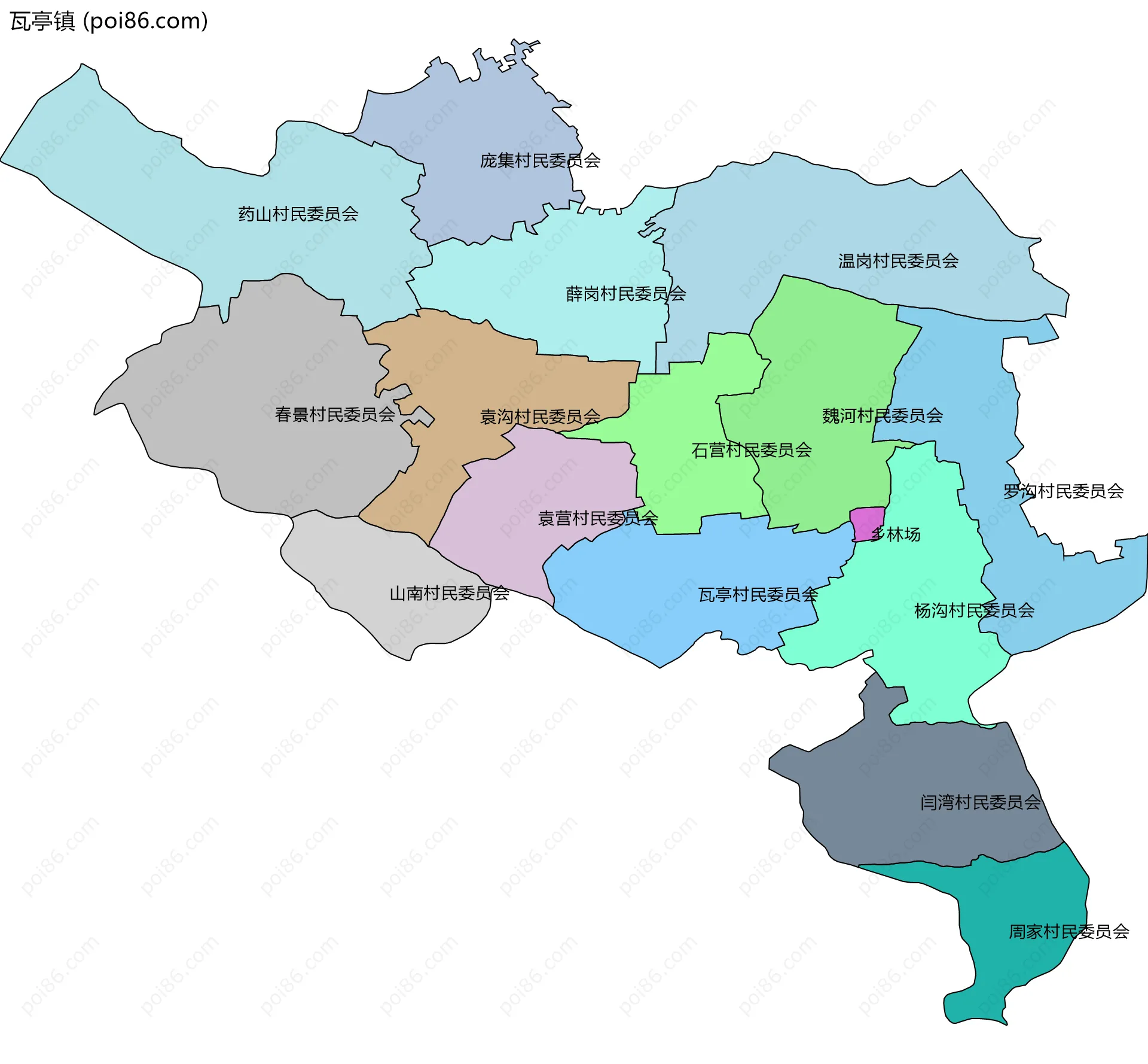 瓦亭镇边界地图(五级行政区划)