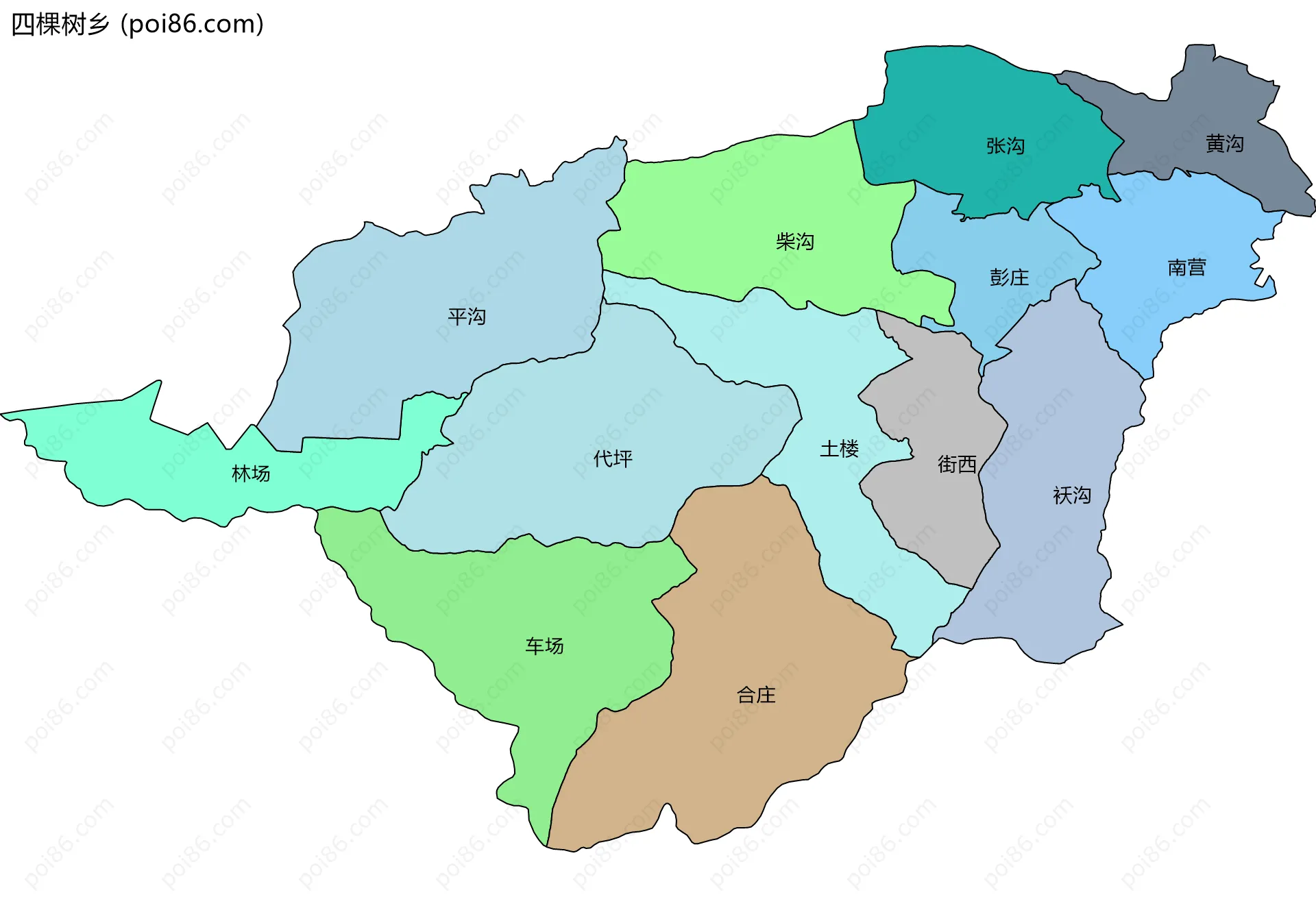 四棵树乡边界地图(五级行政区划)