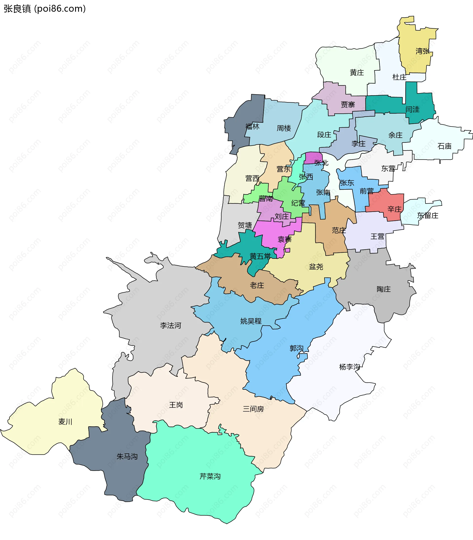 张良镇边界地图(五级行政区划)