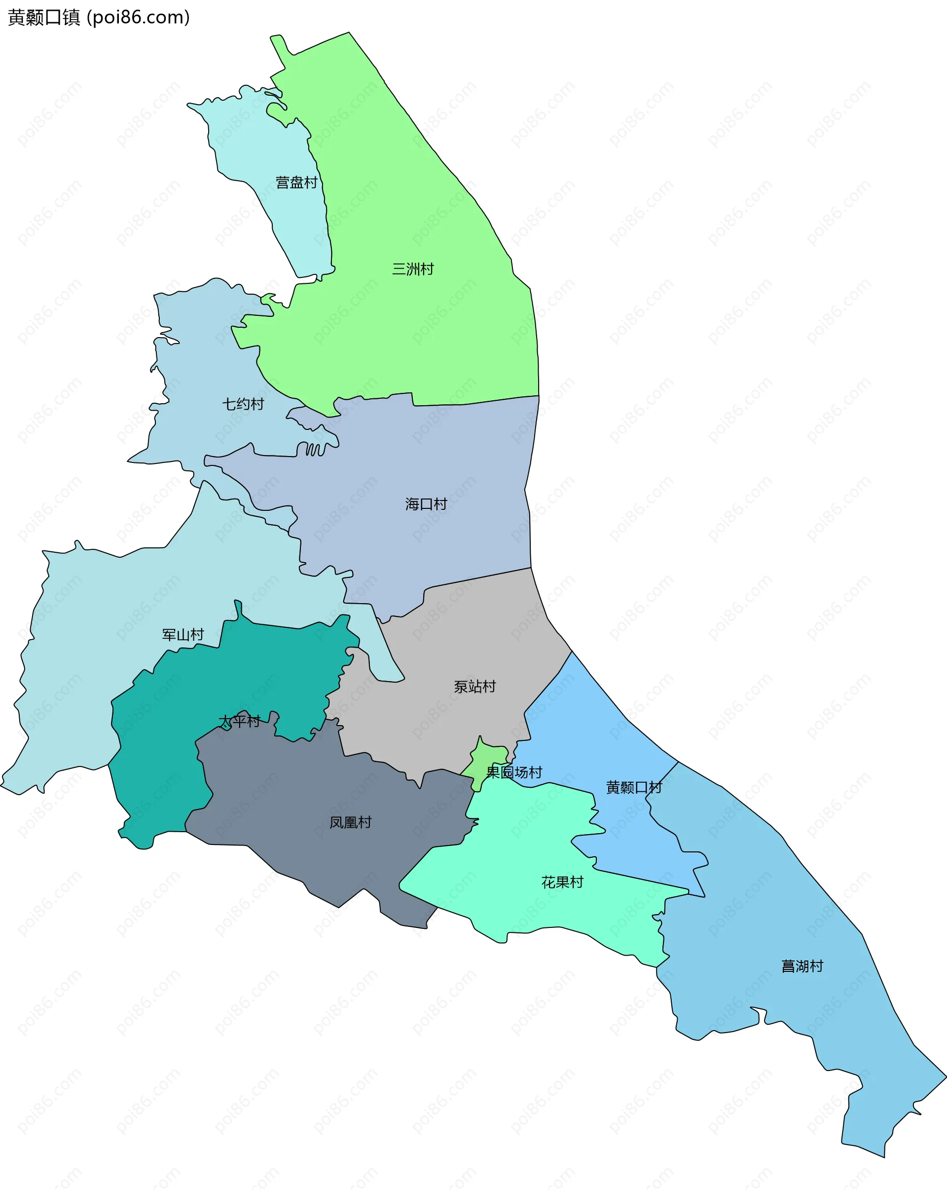 黄颡口镇边界地图(五级行政区划)