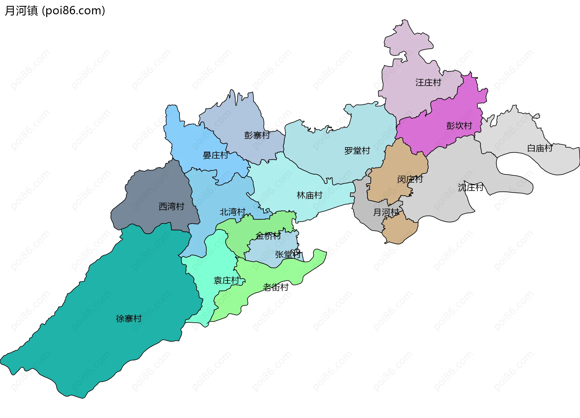 月河镇边界地图(五级行政区划)