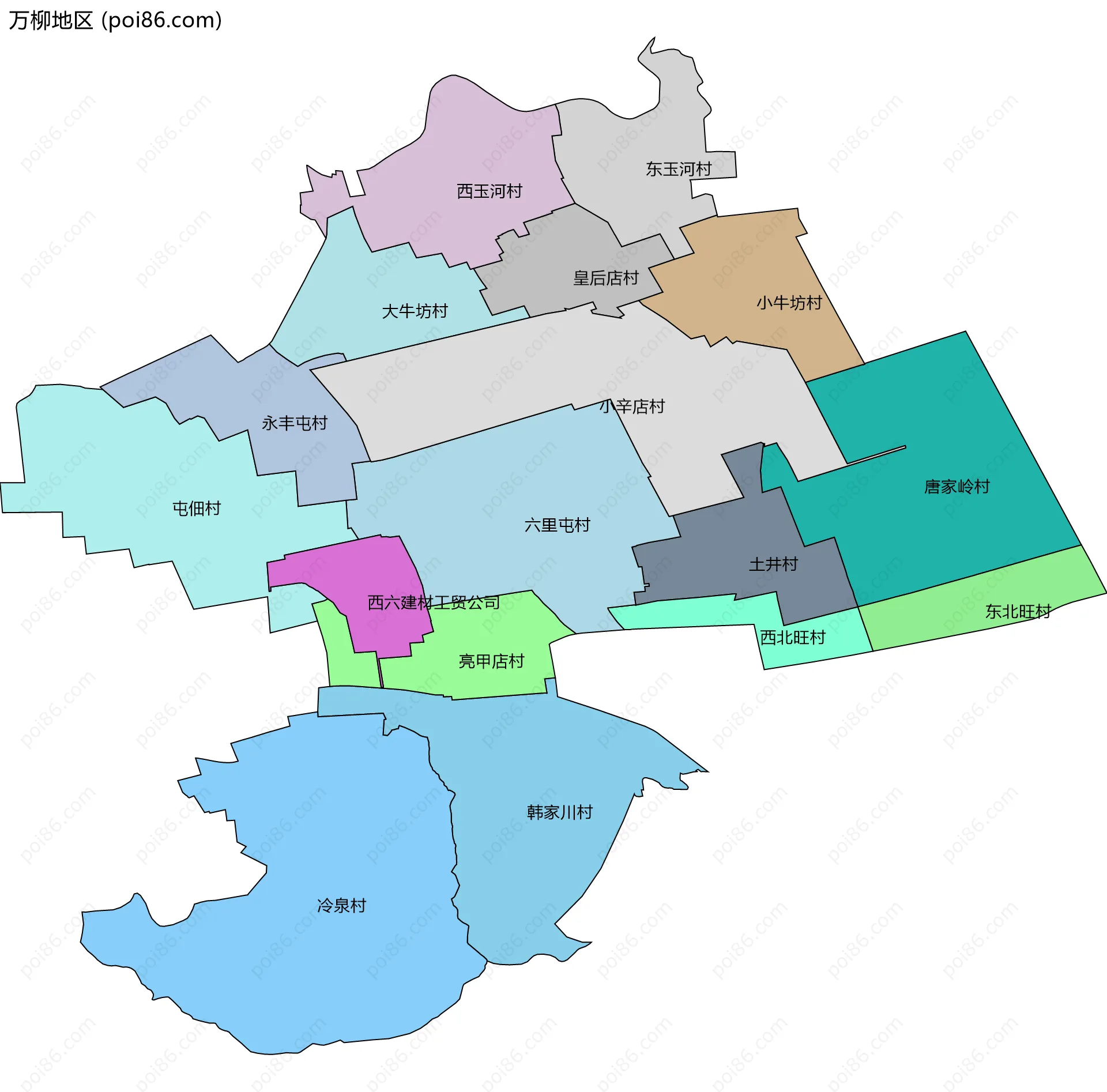 万柳地区边界地图(五级行政区划)