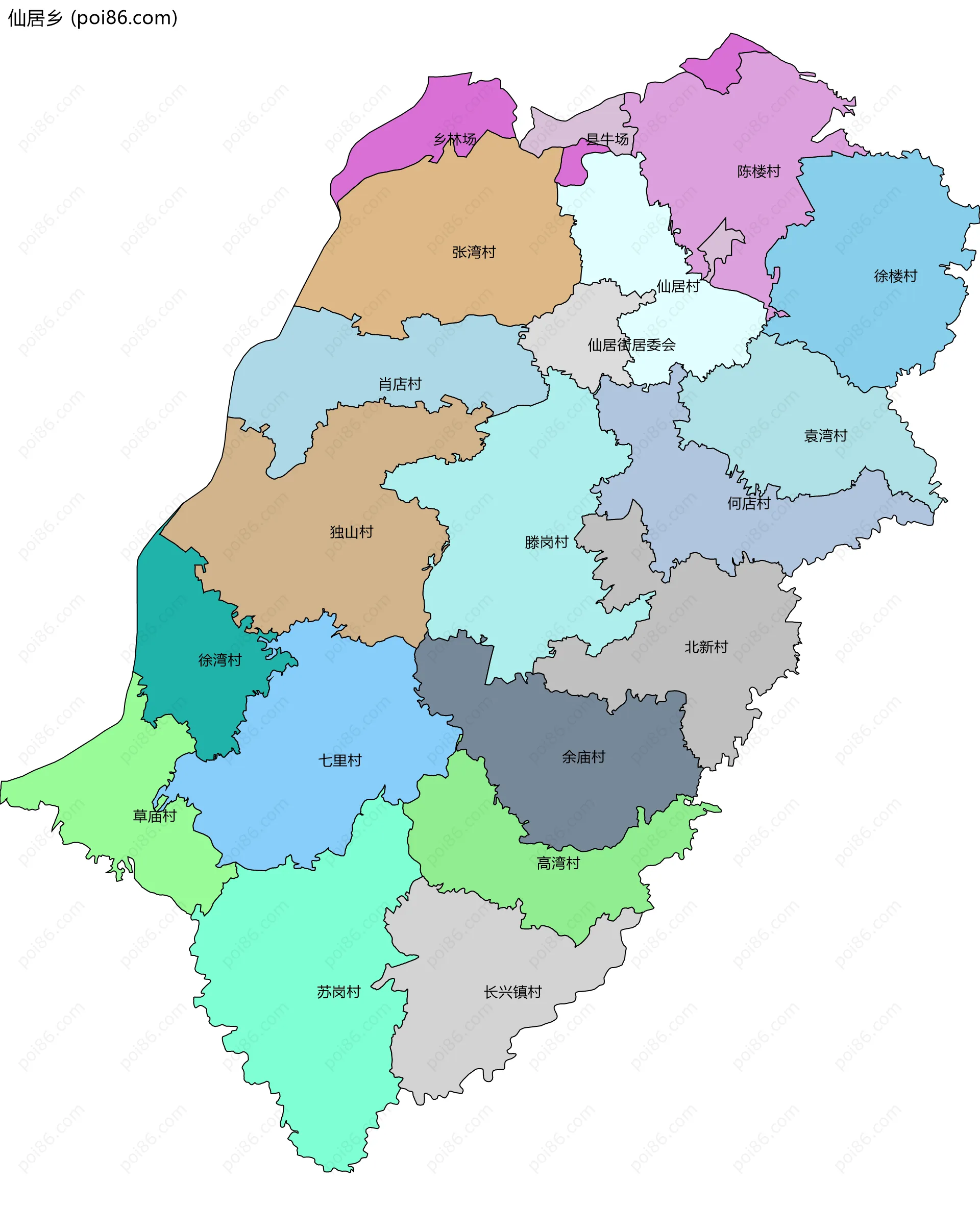 仙居乡边界地图(五级行政区划)