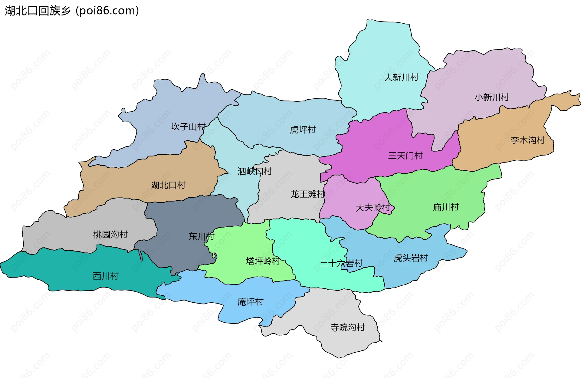 湖北口回族乡边界地图(五级行政区划)