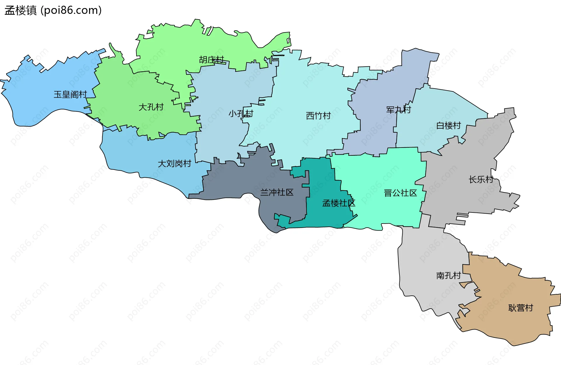 孟楼镇边界地图(五级行政区划)