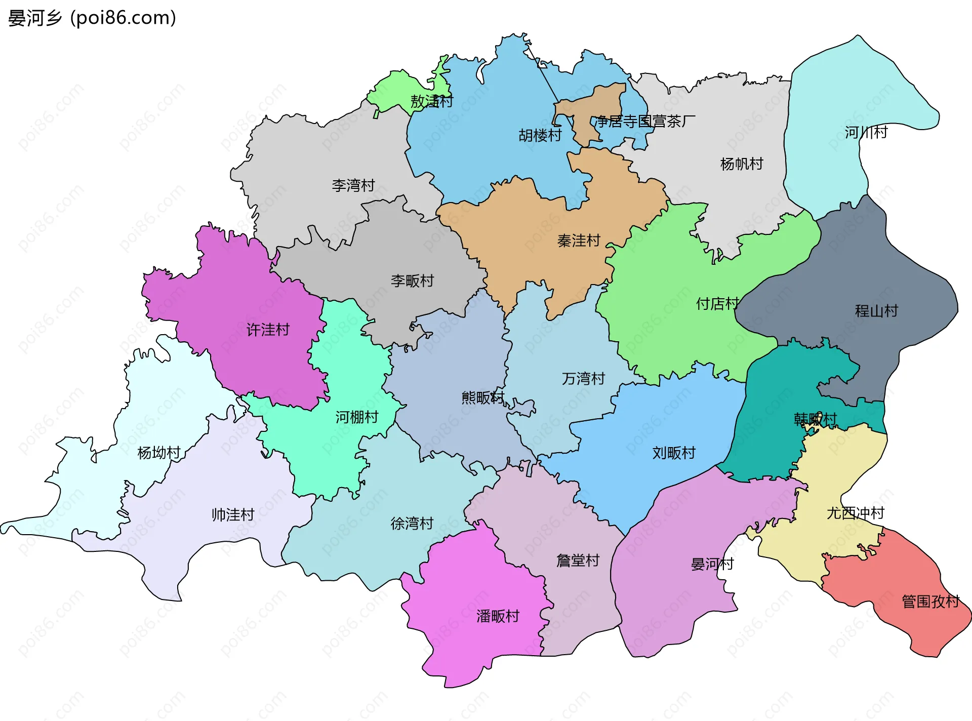 晏河乡边界地图(五级行政区划)