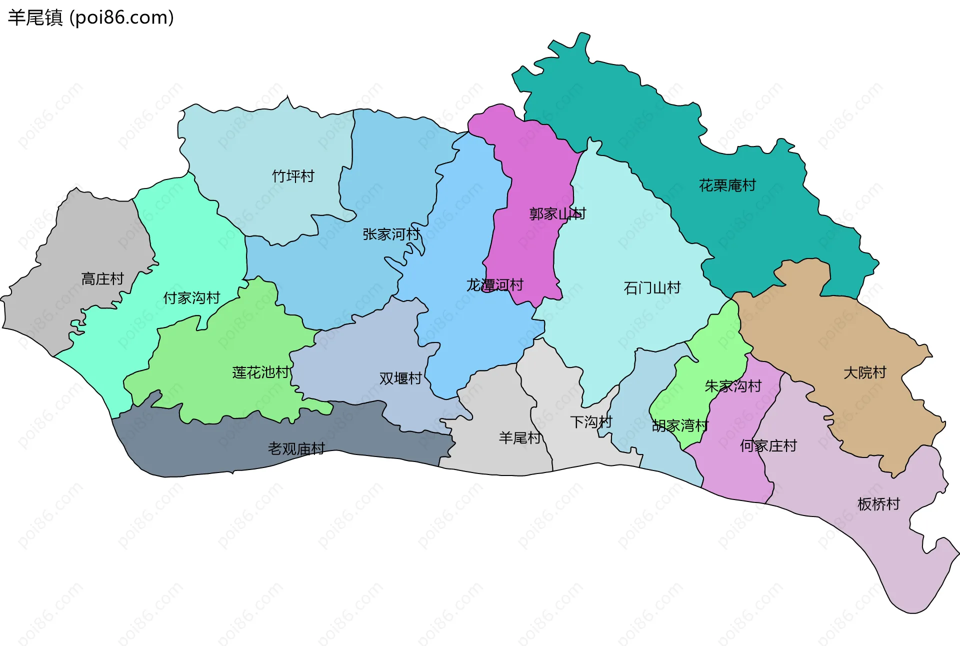 羊尾镇边界地图(五级行政区划)