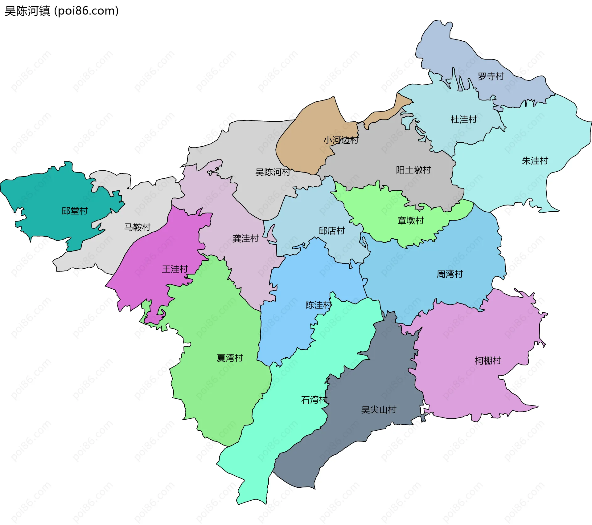 吴陈河镇边界地图(五级行政区划)