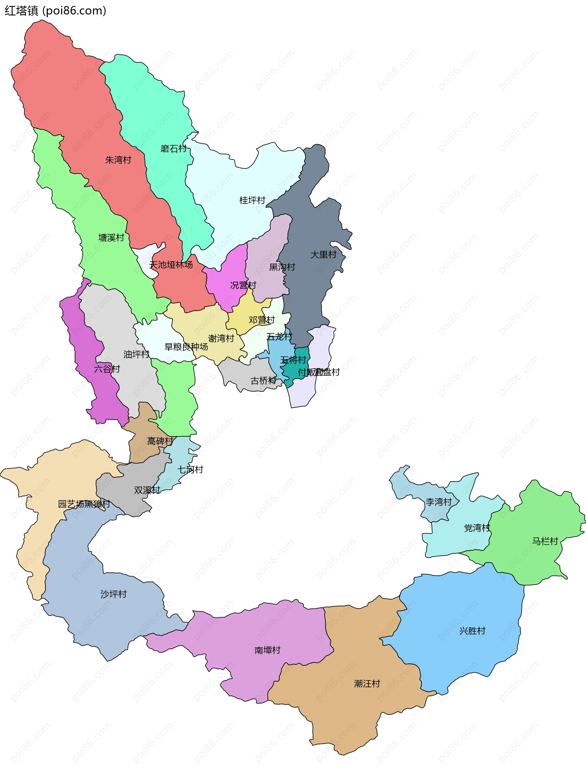 红塔镇边界地图(五级行政区划)