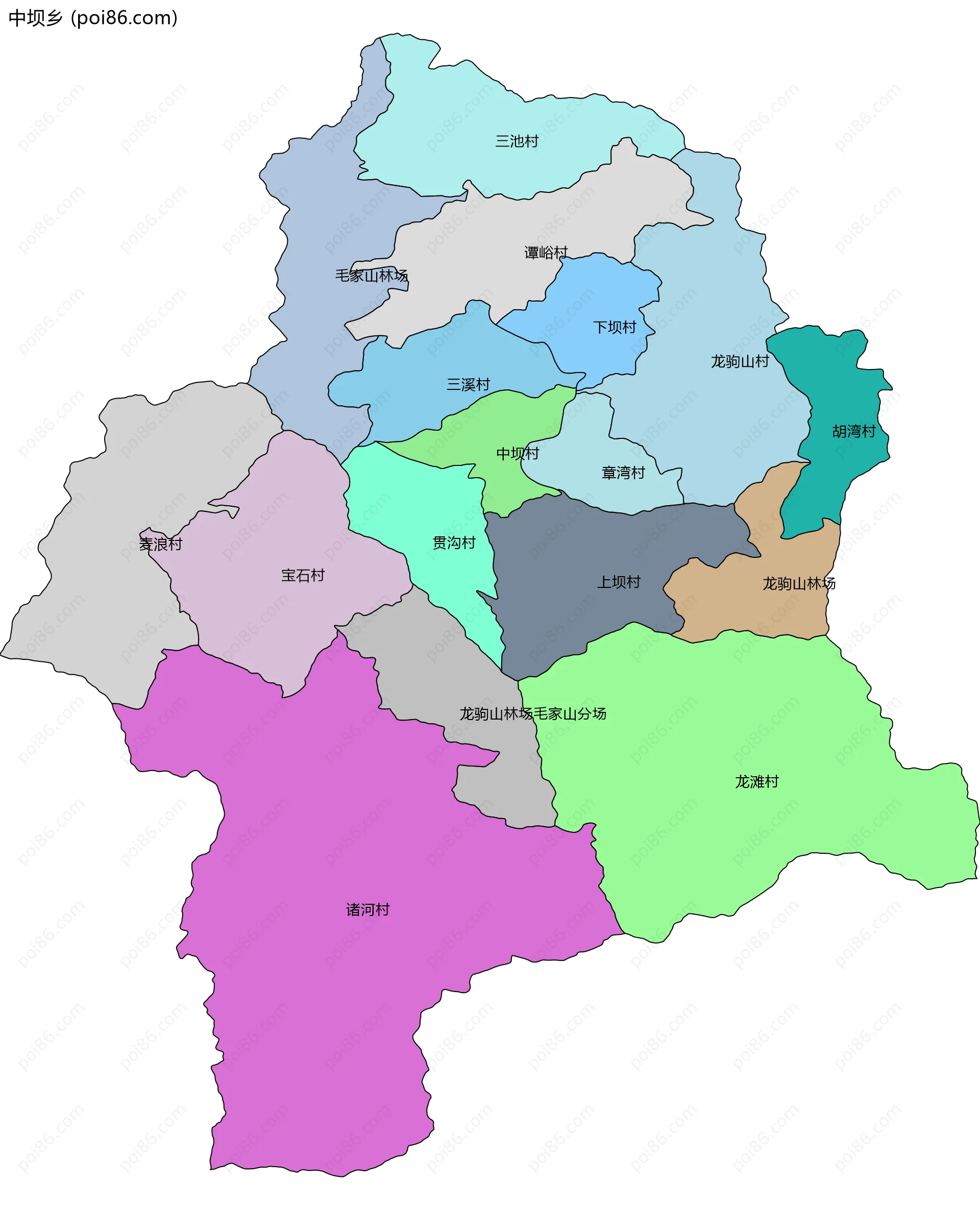 中坝乡边界地图(五级行政区划)