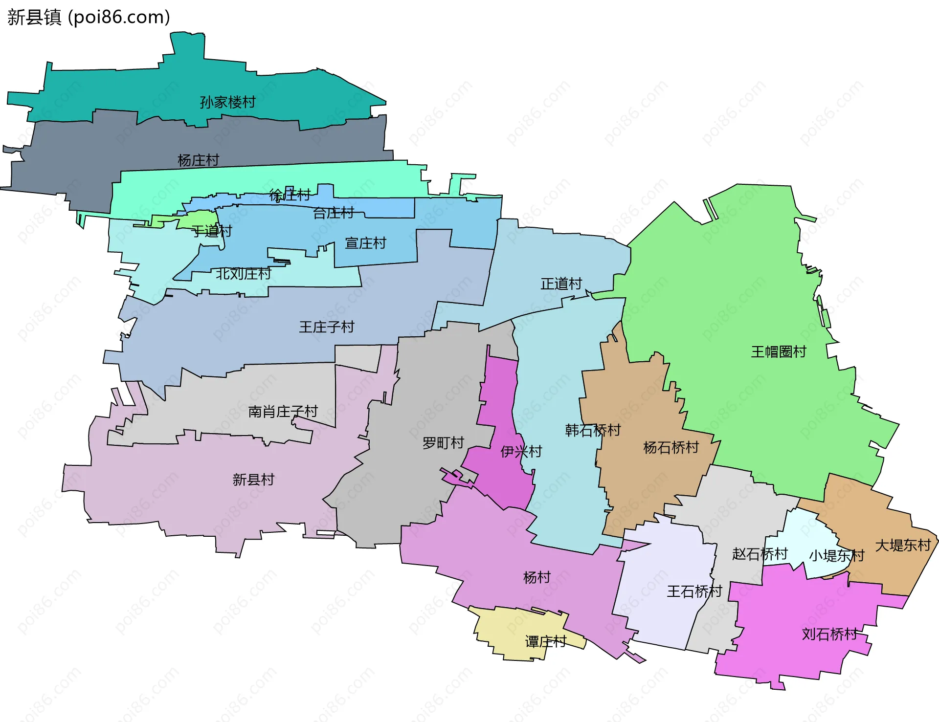 新县镇边界地图(五级行政区划)