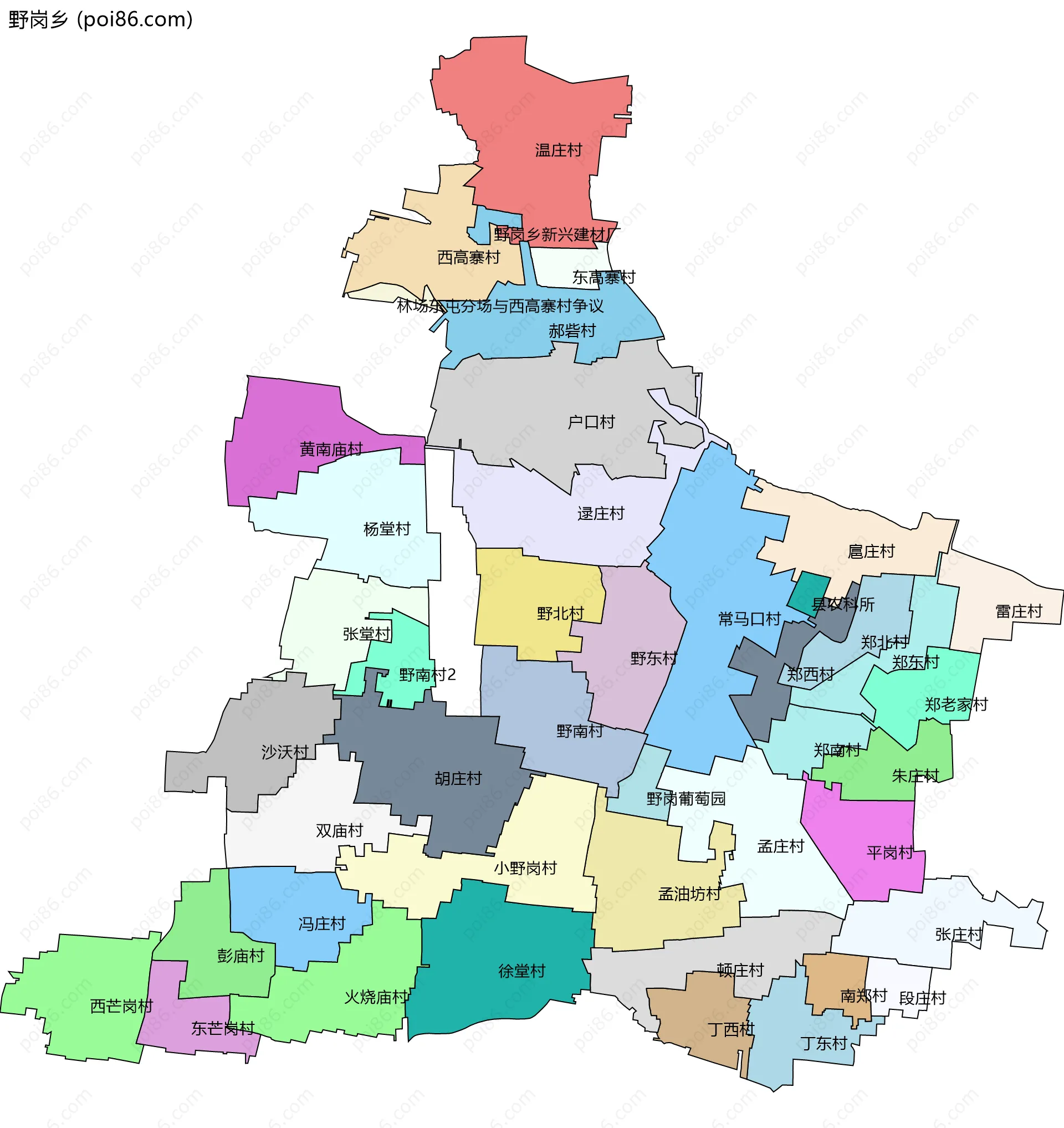 野岗乡边界地图(五级行政区划)