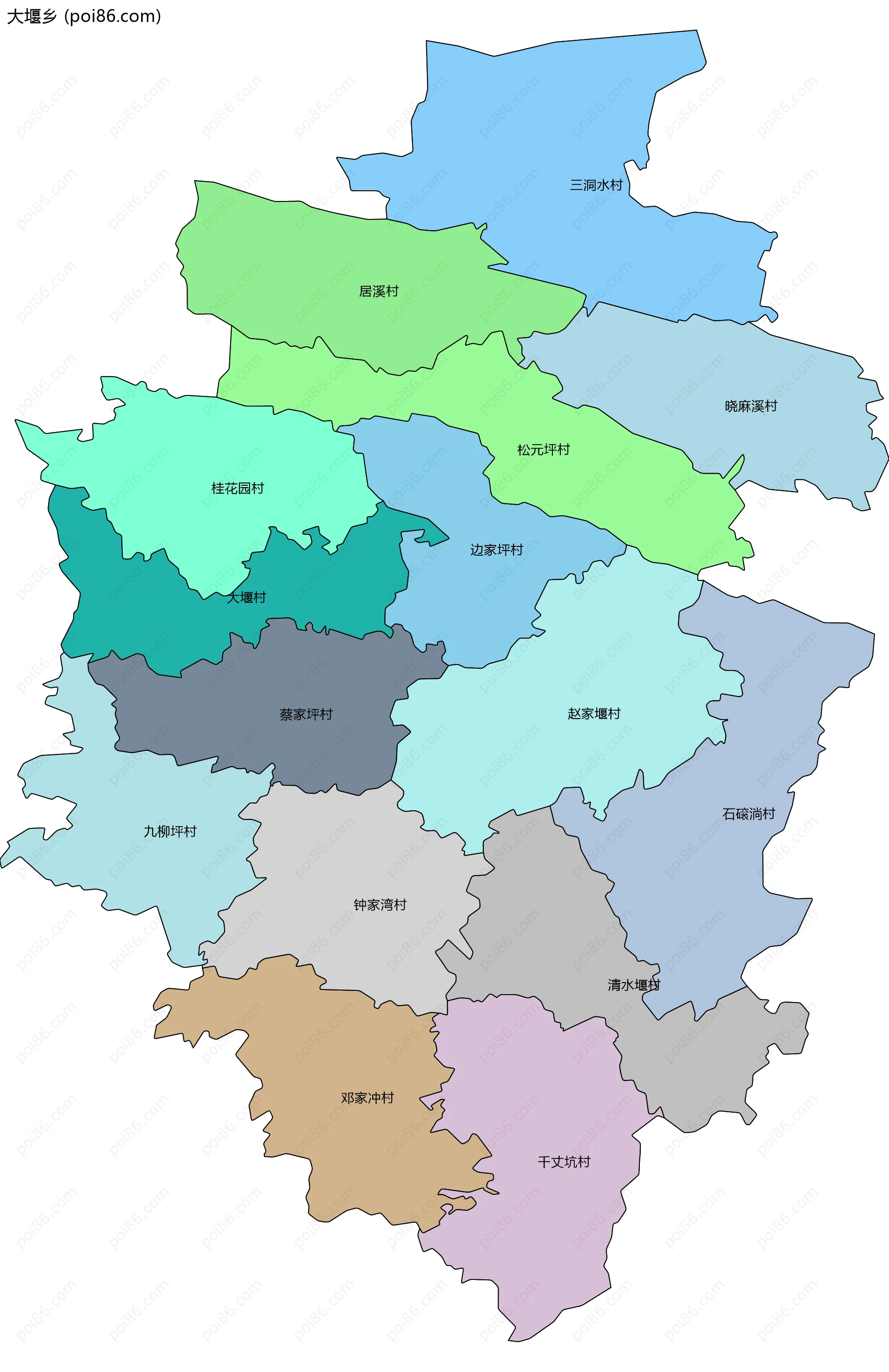 大堰乡边界地图(五级行政区划)