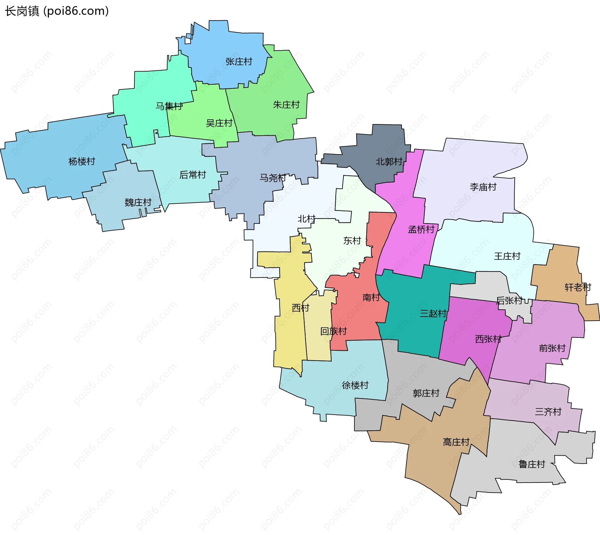 长岗镇边界地图(五级行政区划)