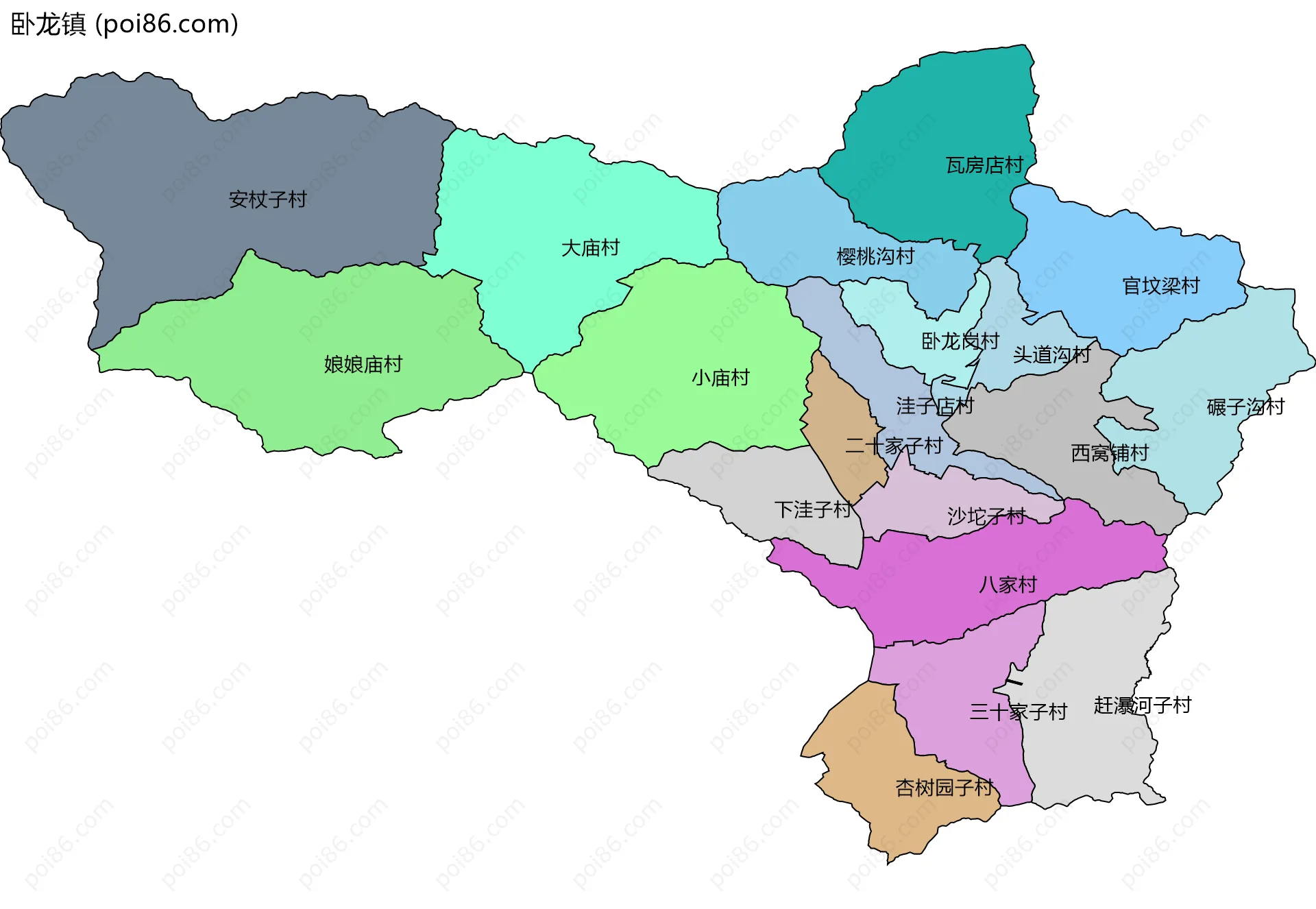 卧龙镇边界地图(五级行政区划)