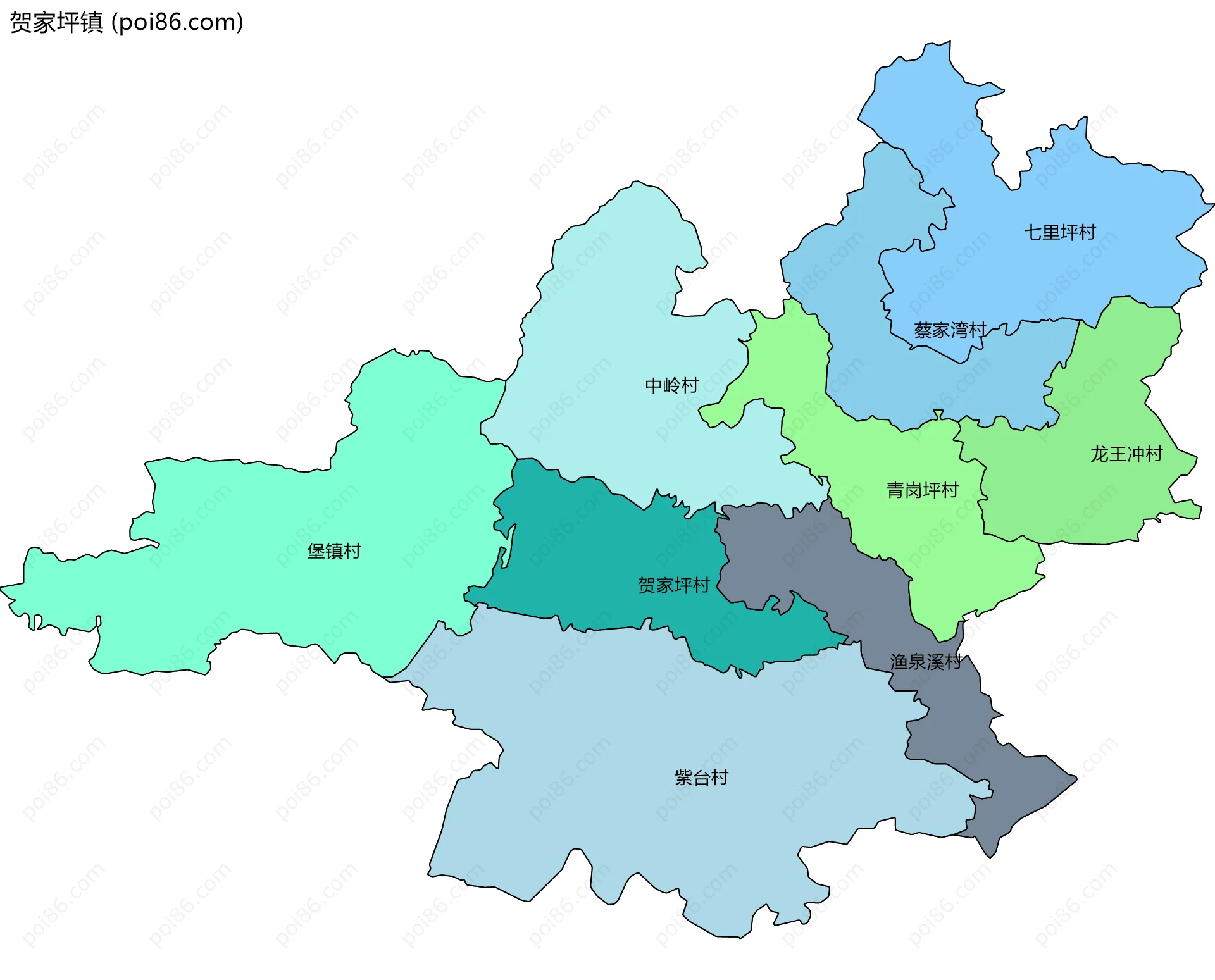 贺家坪镇边界地图(五级行政区划)