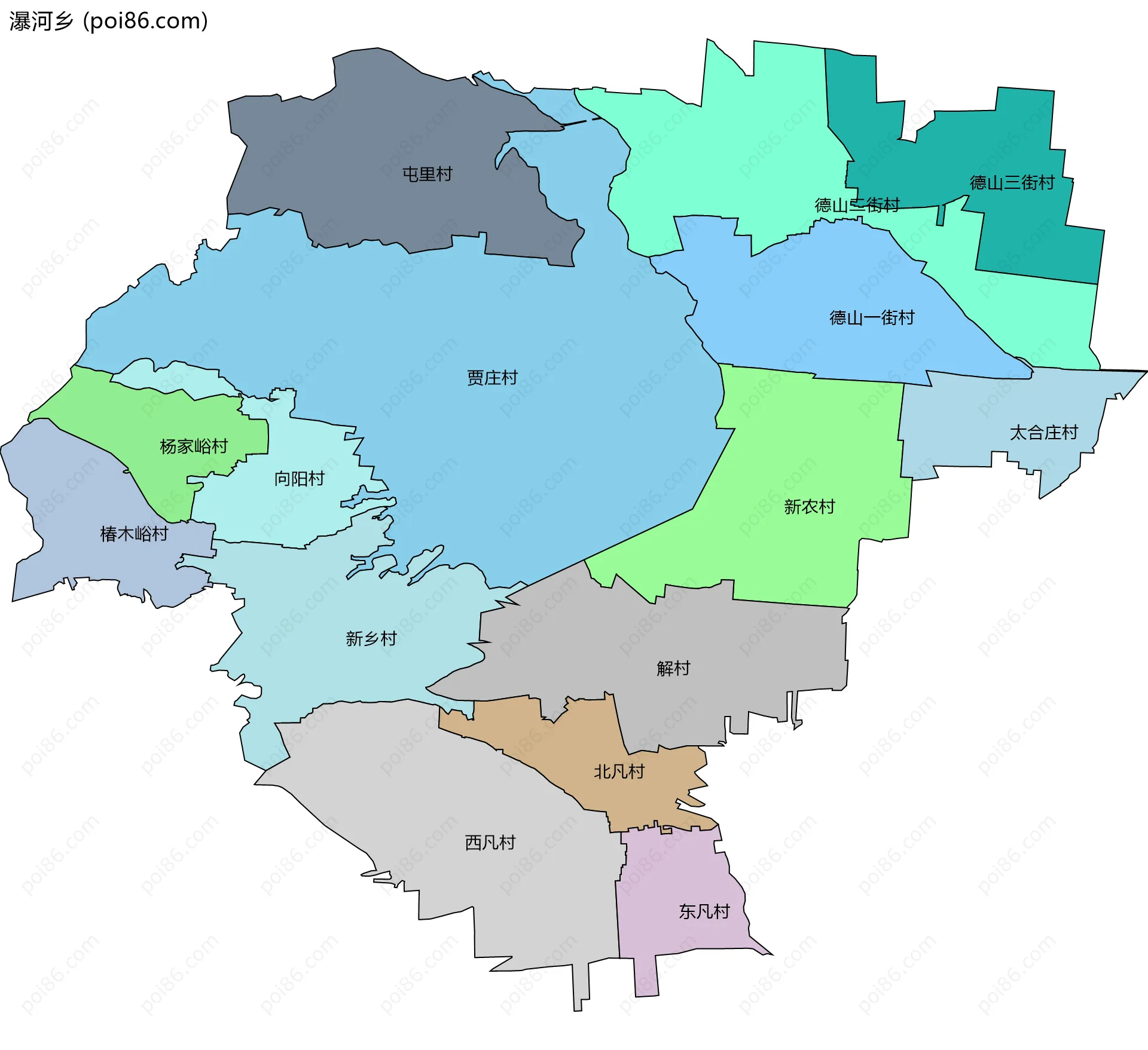 瀑河乡边界地图(五级行政区划)