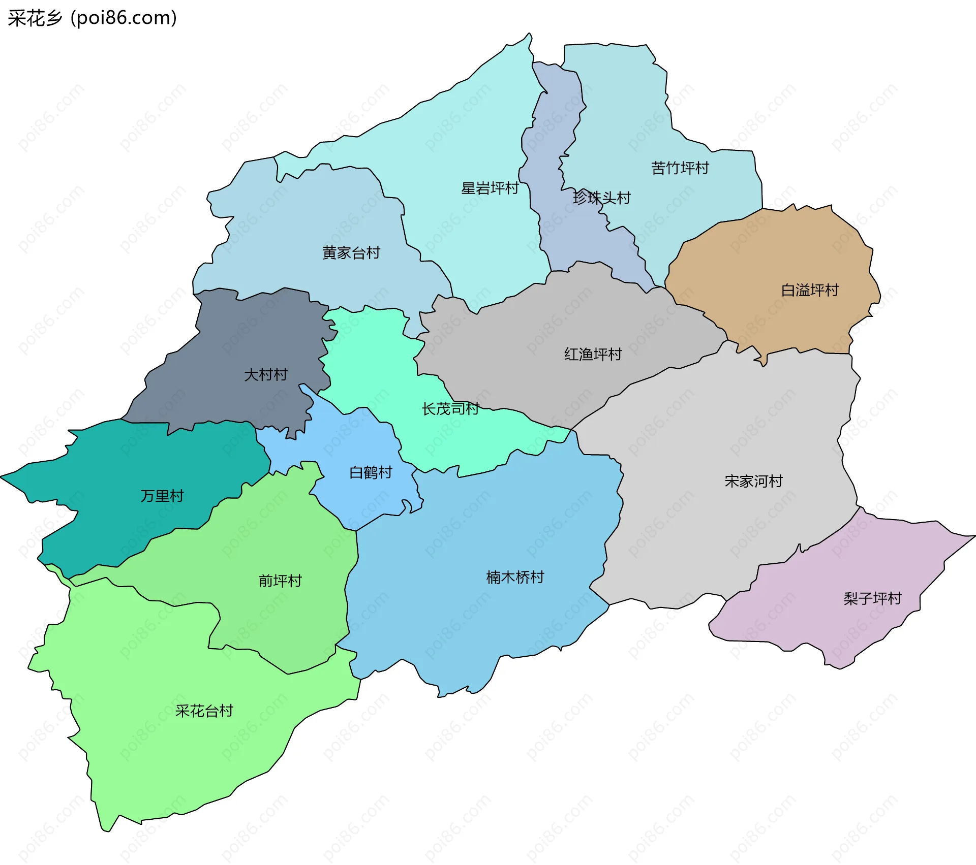 采花乡边界地图(五级行政区划)