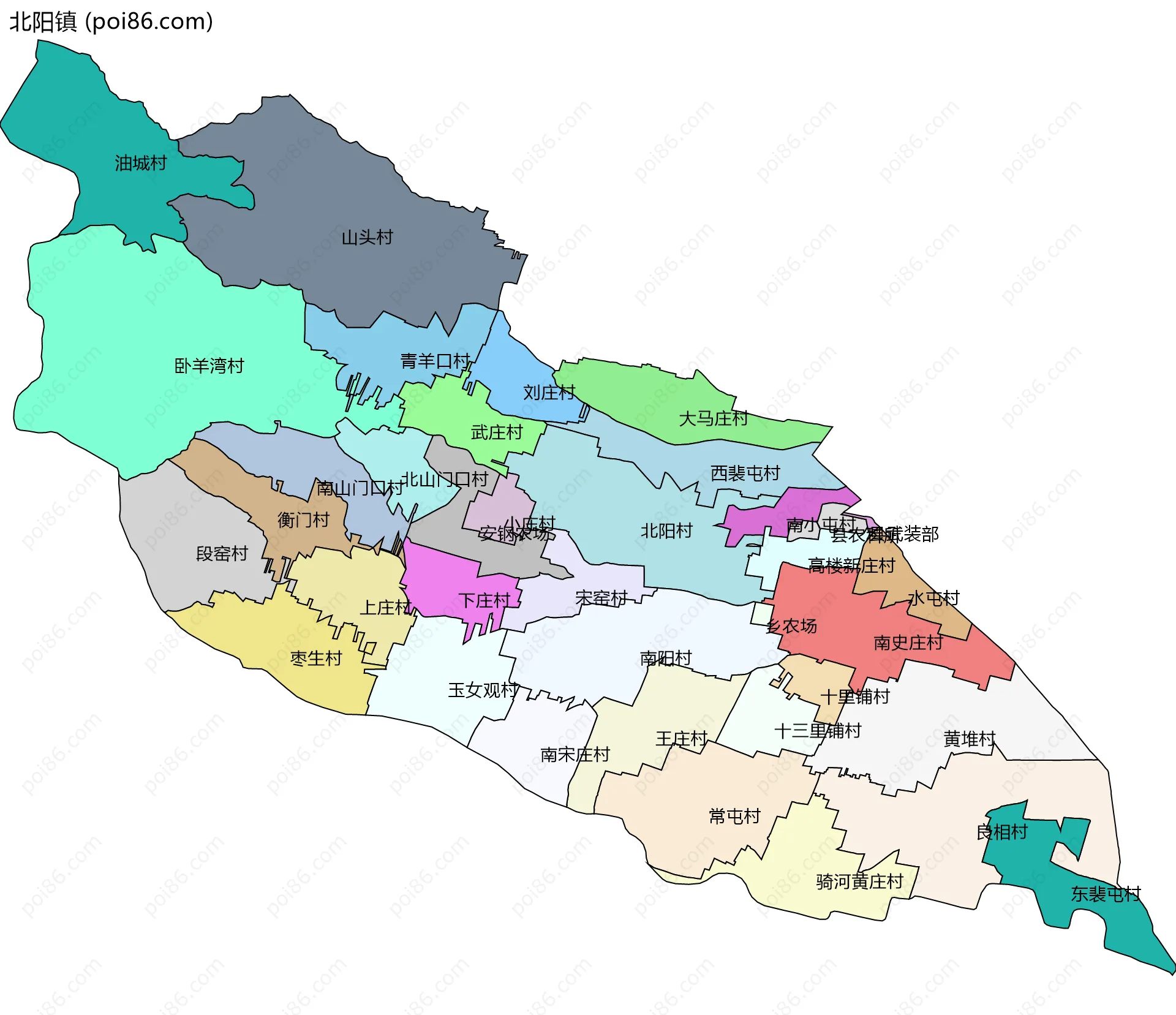 北阳镇边界地图(五级行政区划)