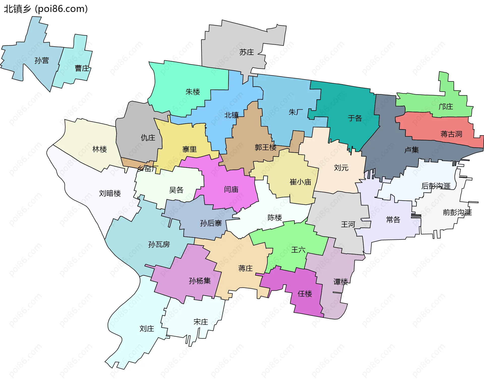 北镇乡边界地图(五级行政区划)