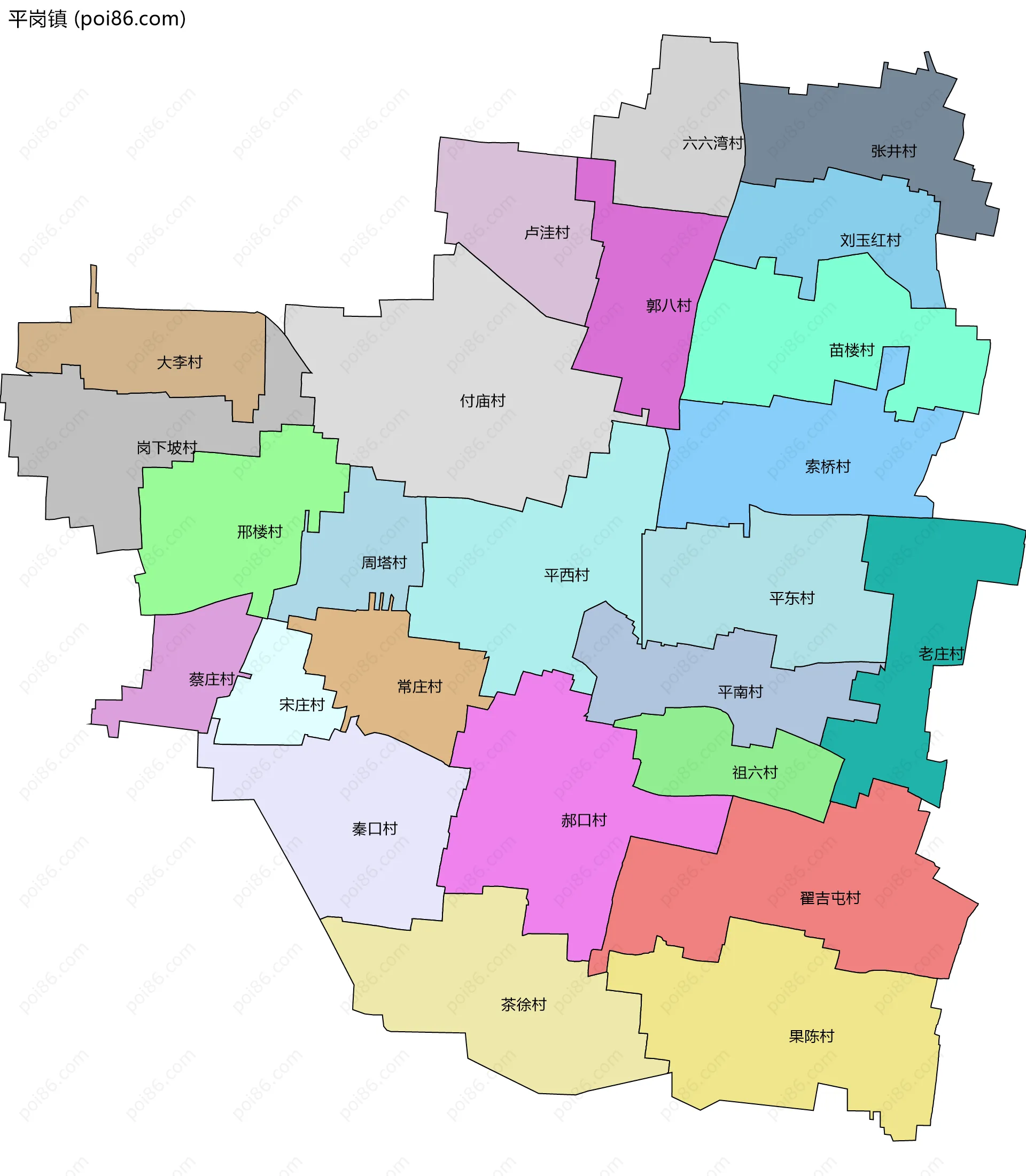 平岗镇边界地图(五级行政区划)