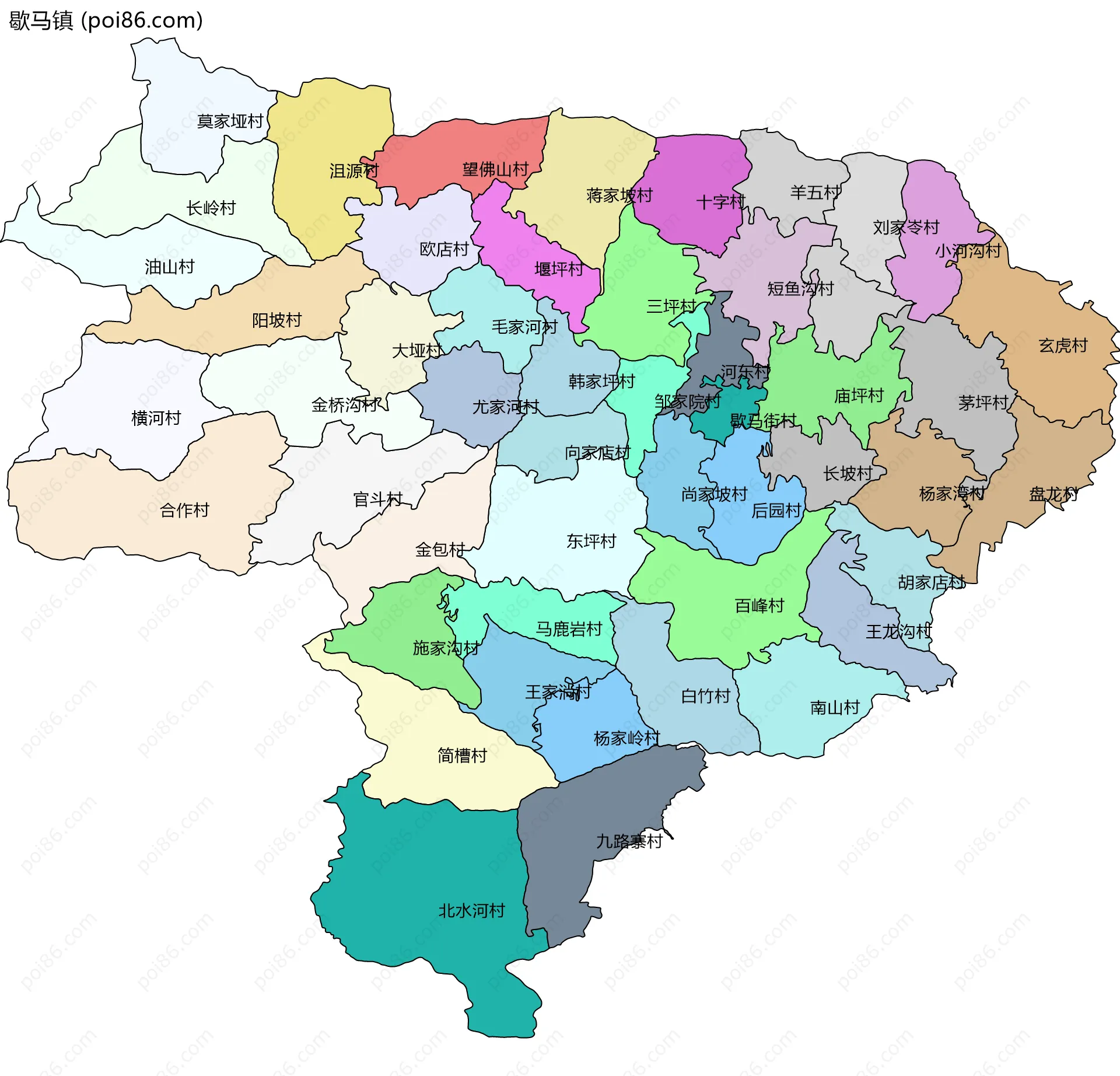 歇马镇边界地图(五级行政区划)