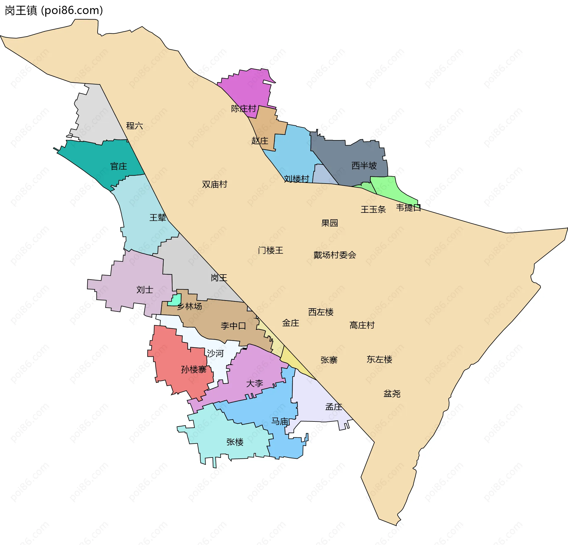 岗王镇边界地图(五级行政区划)