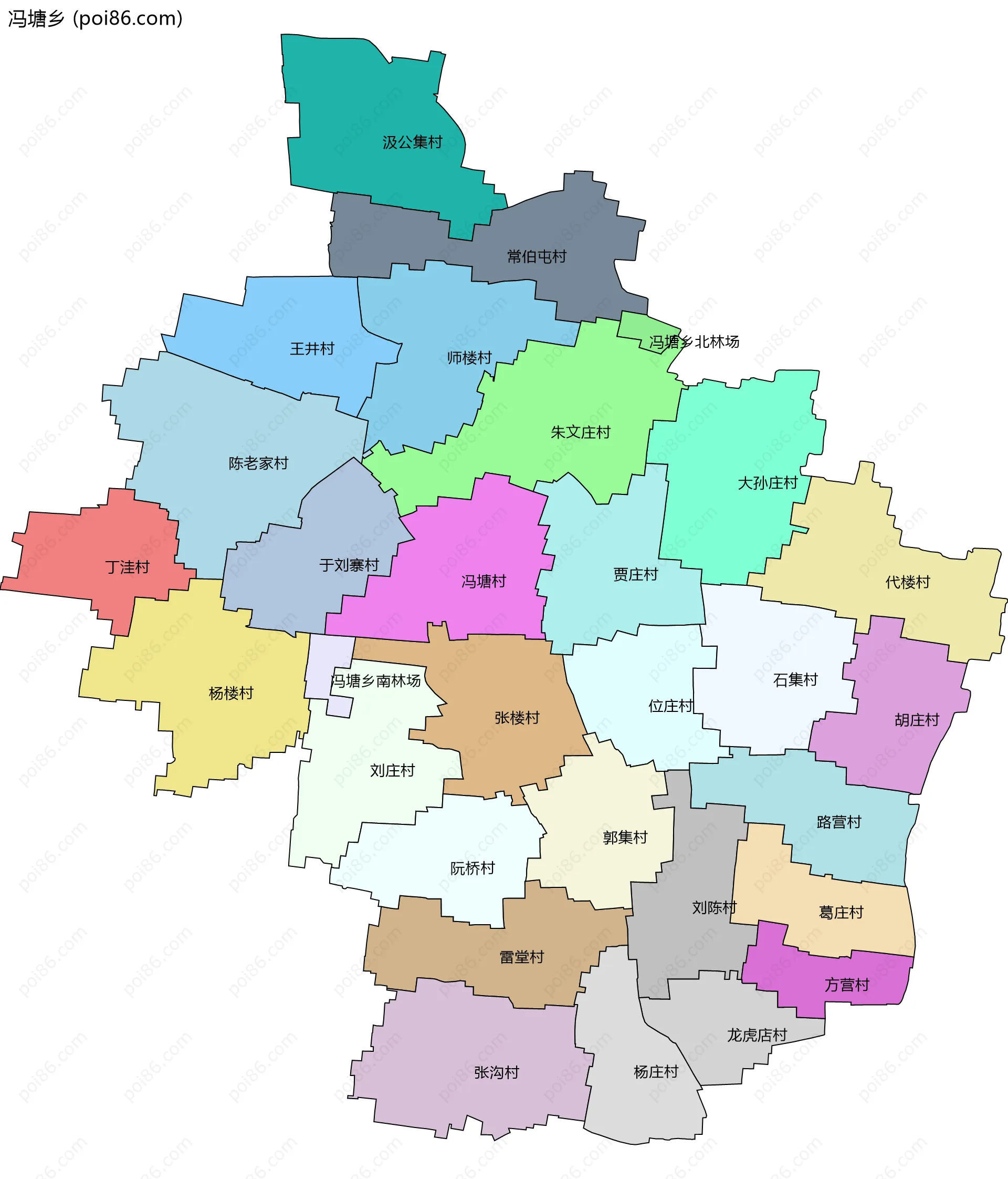 冯塘乡边界地图(五级行政区划)