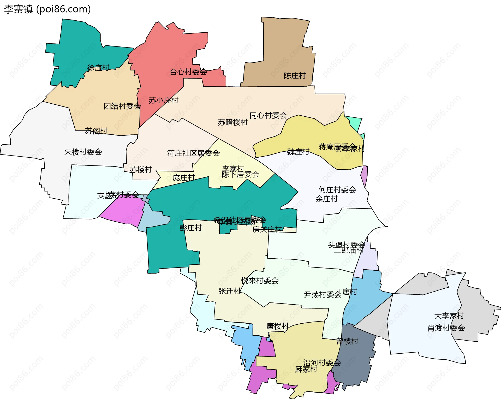 李寨镇边界地图(五级行政区划)