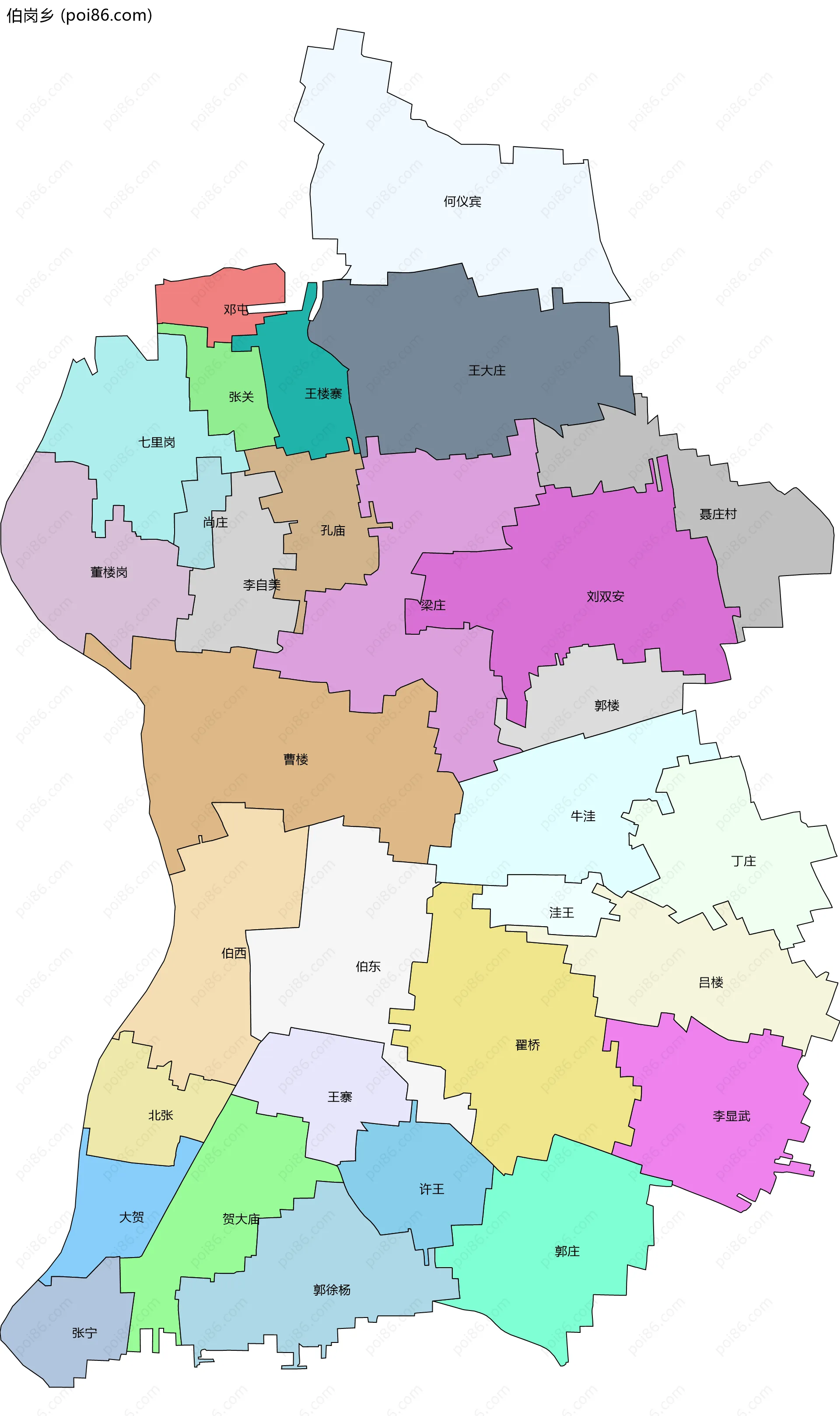 伯岗乡边界地图(五级行政区划)