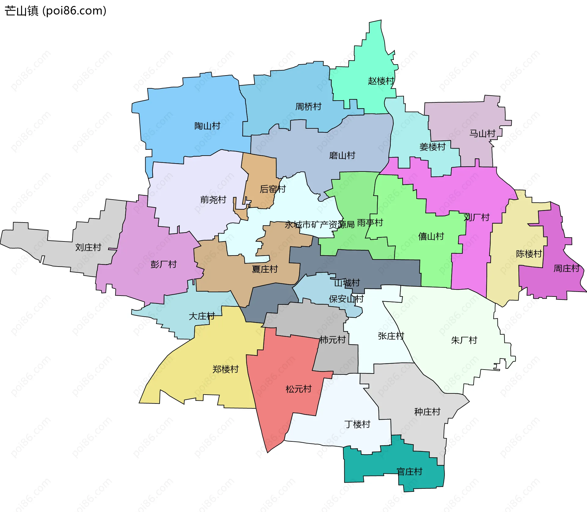 芒山镇边界地图(五级行政区划)