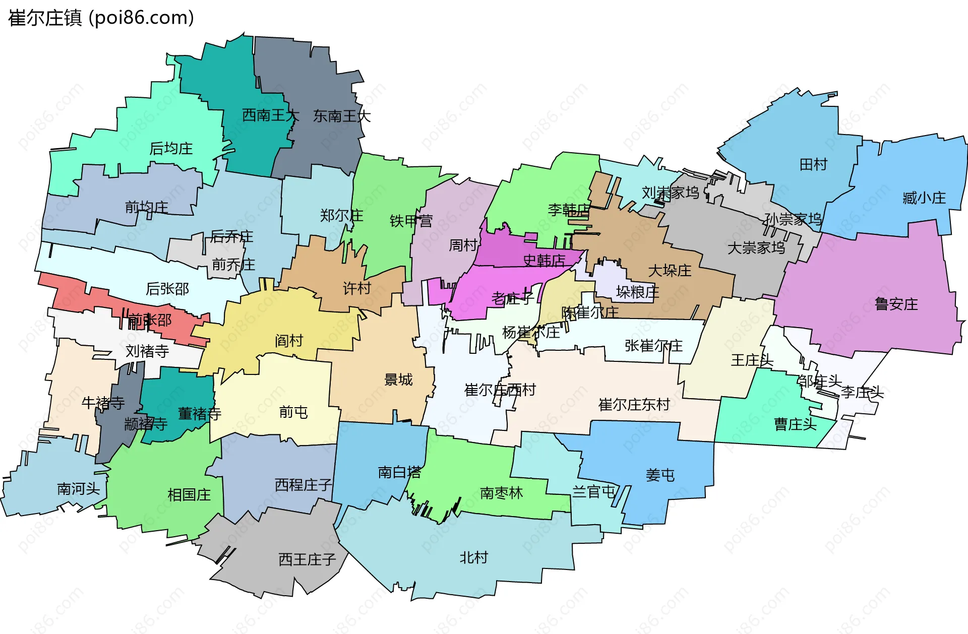 崔尔庄镇边界地图(五级行政区划)