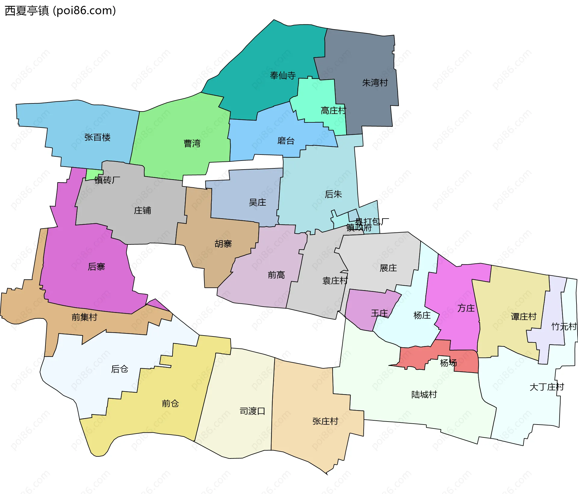 西夏亭镇边界地图(五级行政区划)