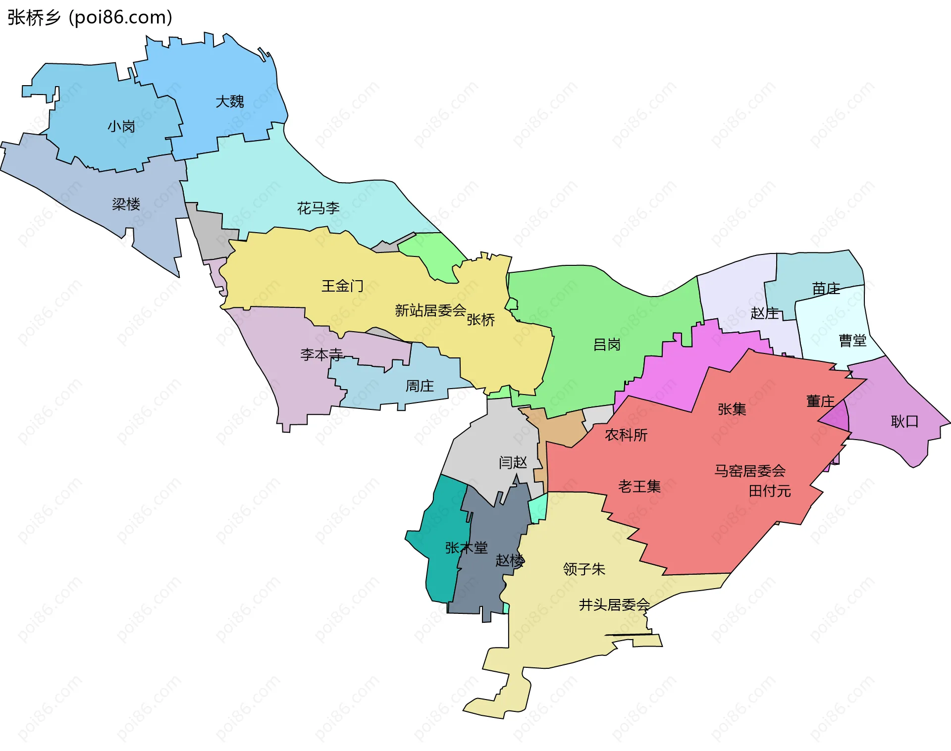 张桥乡边界地图(五级行政区划)