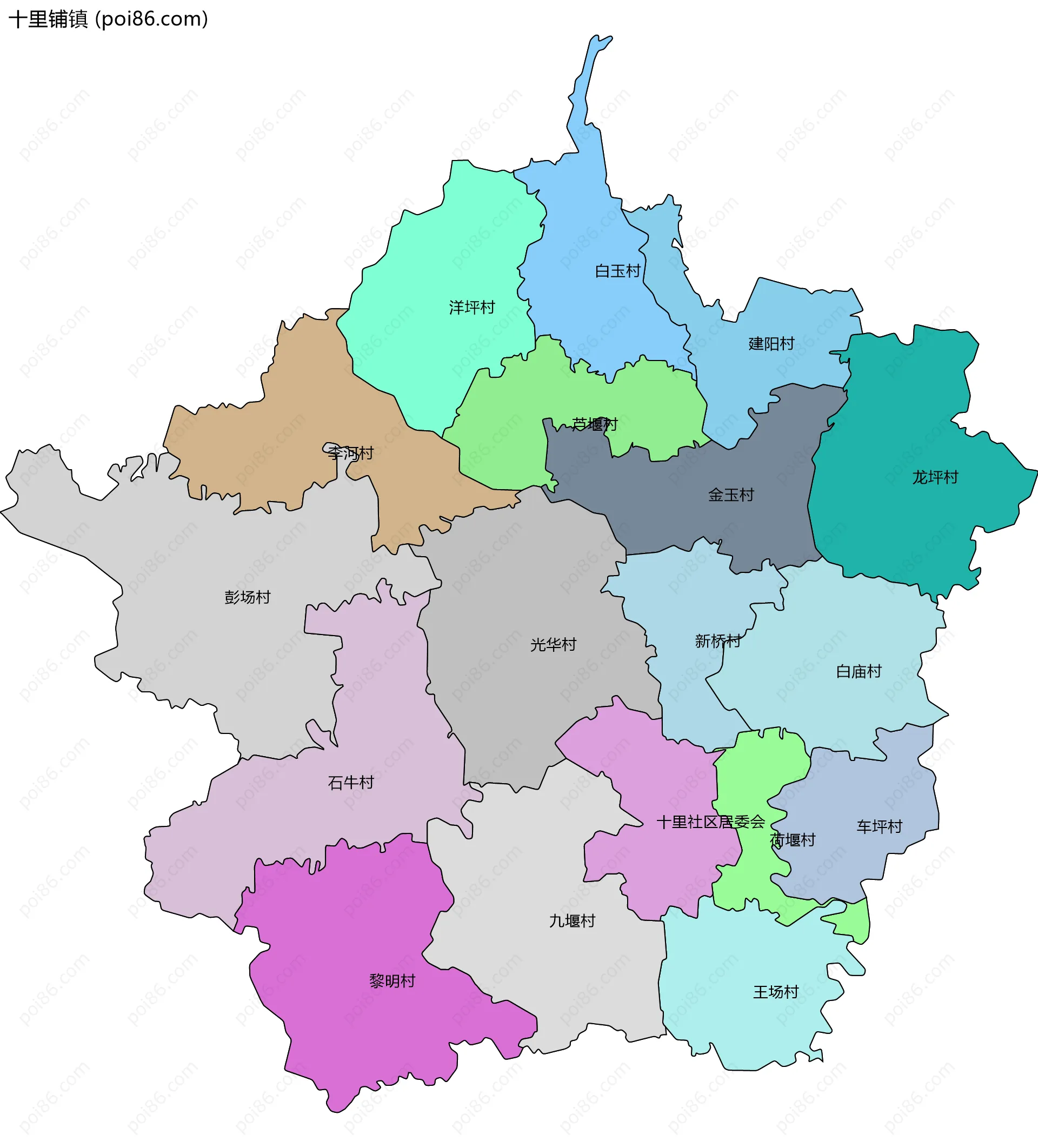 十里铺镇边界地图(五级行政区划)