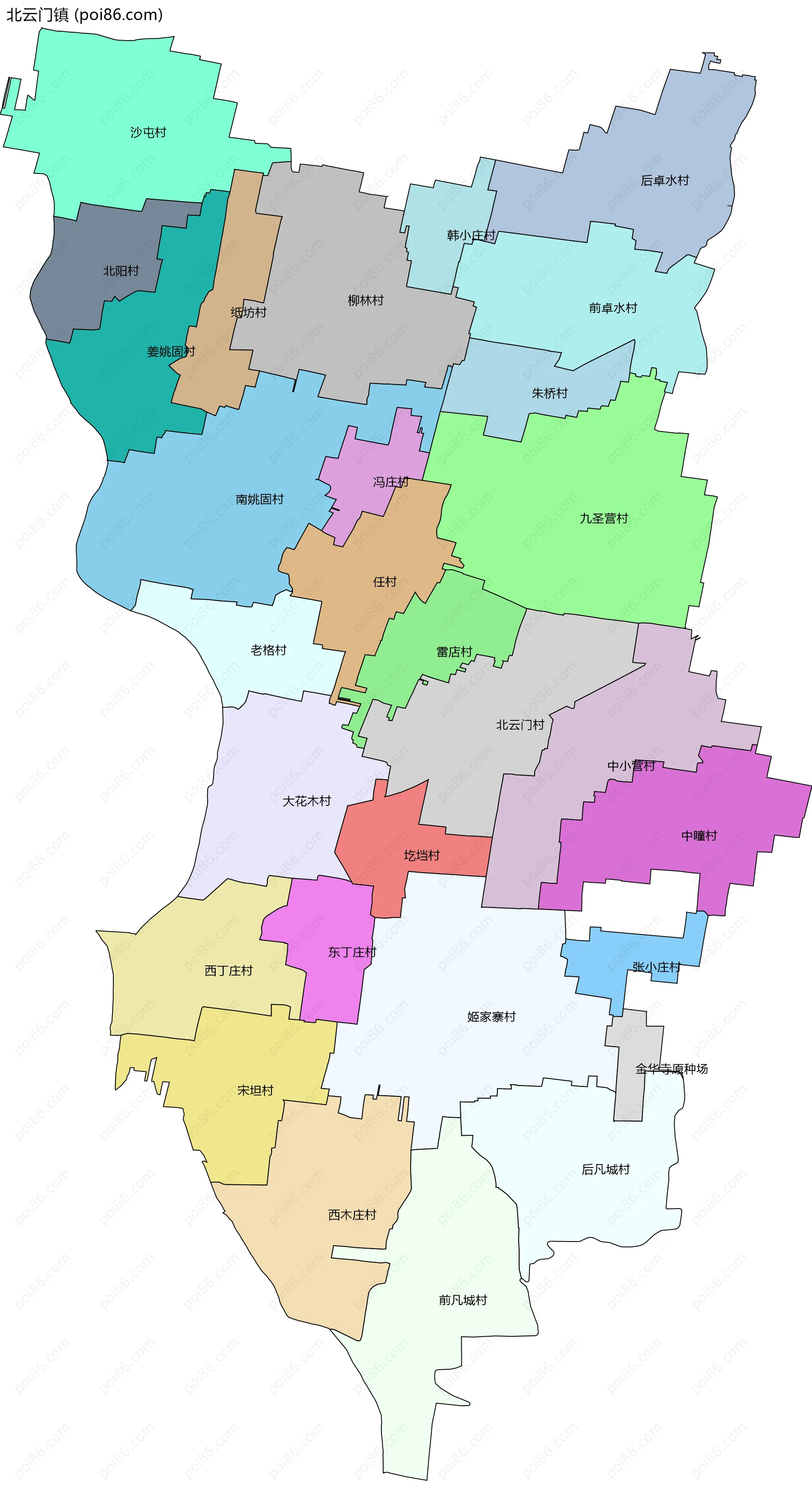 北云门镇边界地图(五级行政区划)