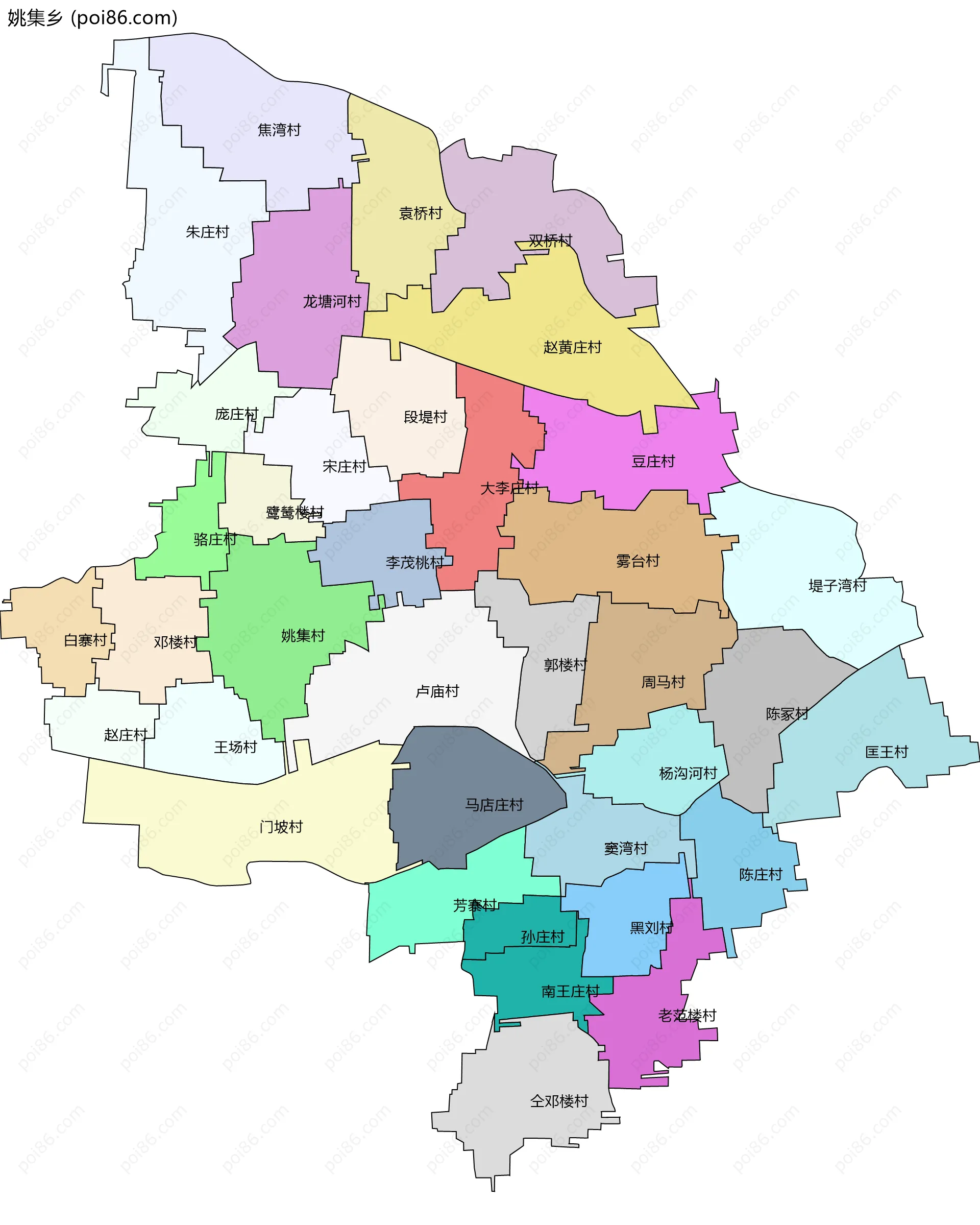 姚集乡边界地图(五级行政区划)