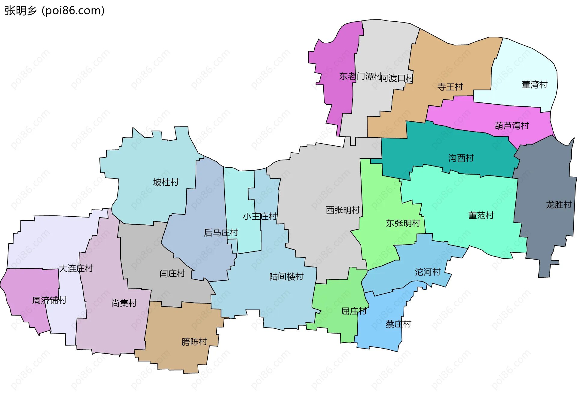 张明乡边界地图(五级行政区划)