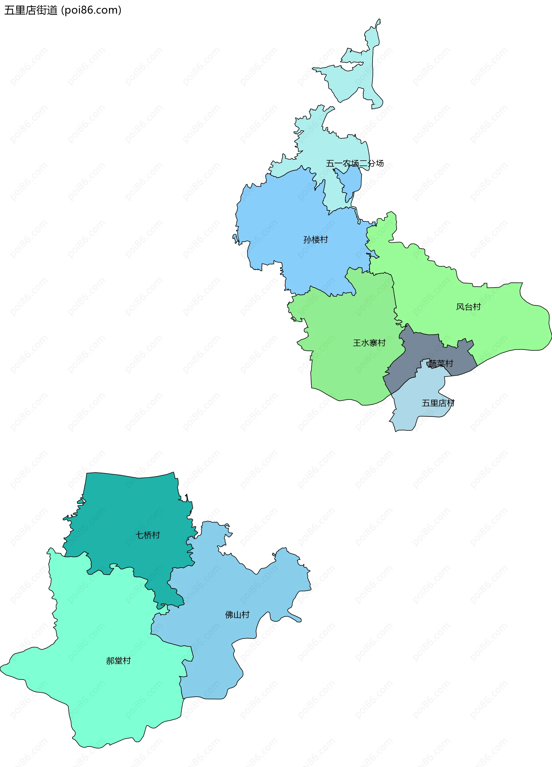 五里店街道边界地图(五级行政区划)
