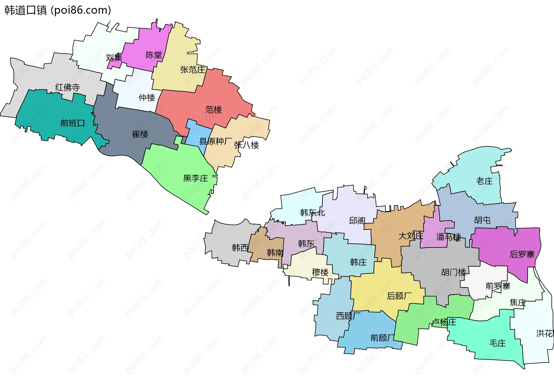 韩道口镇边界地图(五级行政区划)