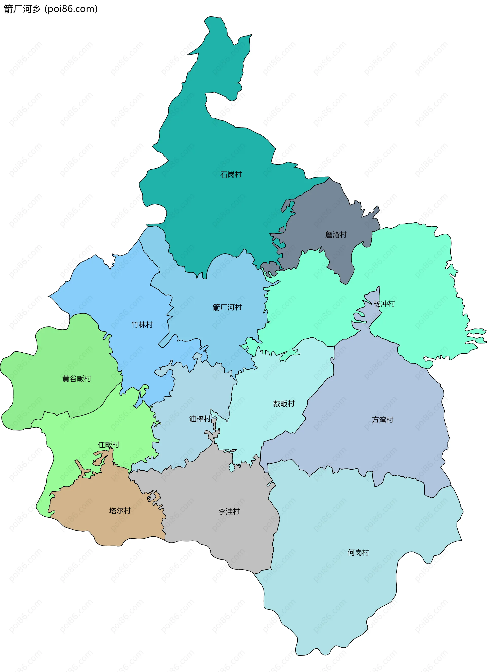 箭厂河乡边界地图(五级行政区划)