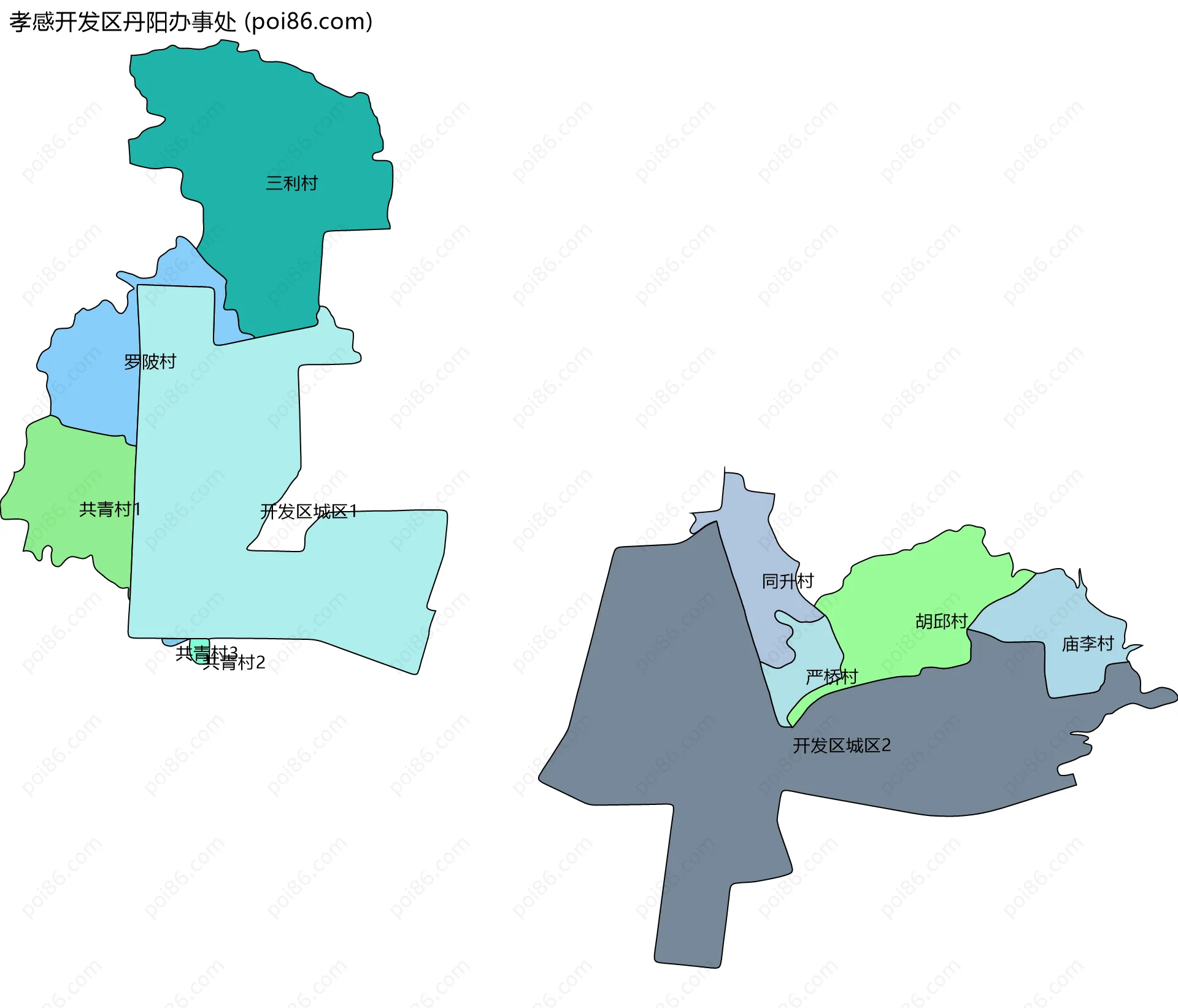孝感开发区丹阳办事处边界地图(五级行政区划)